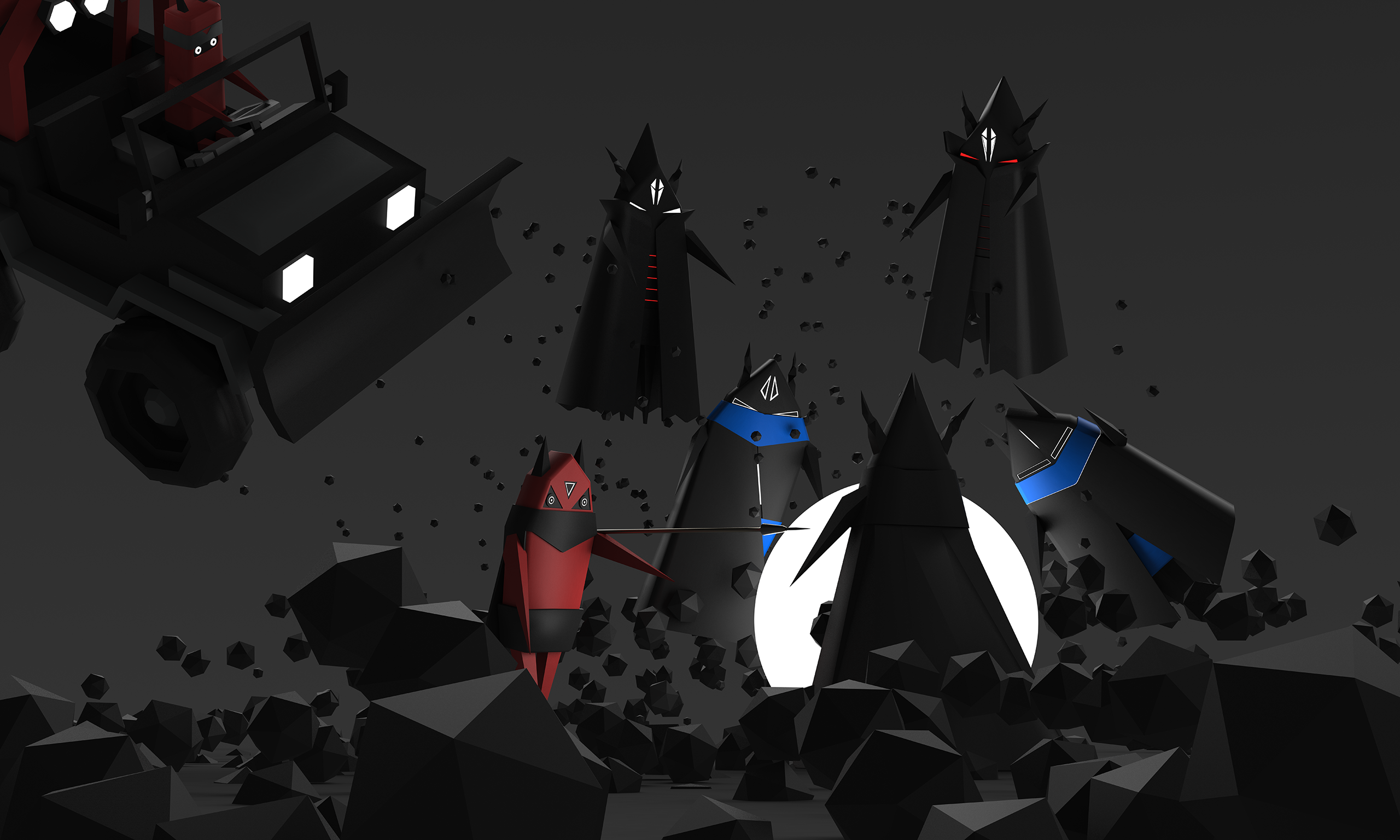 Low poly mecha characters and a vehicle HD Wallpaper
