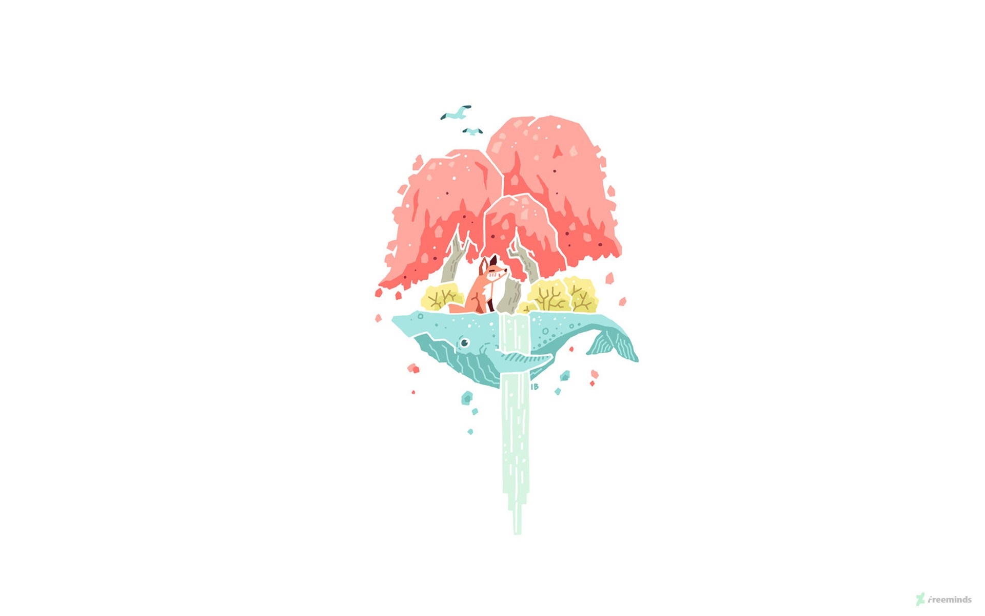 Illustration of a fox on a whale with trees and waterfall HD Wallpaper