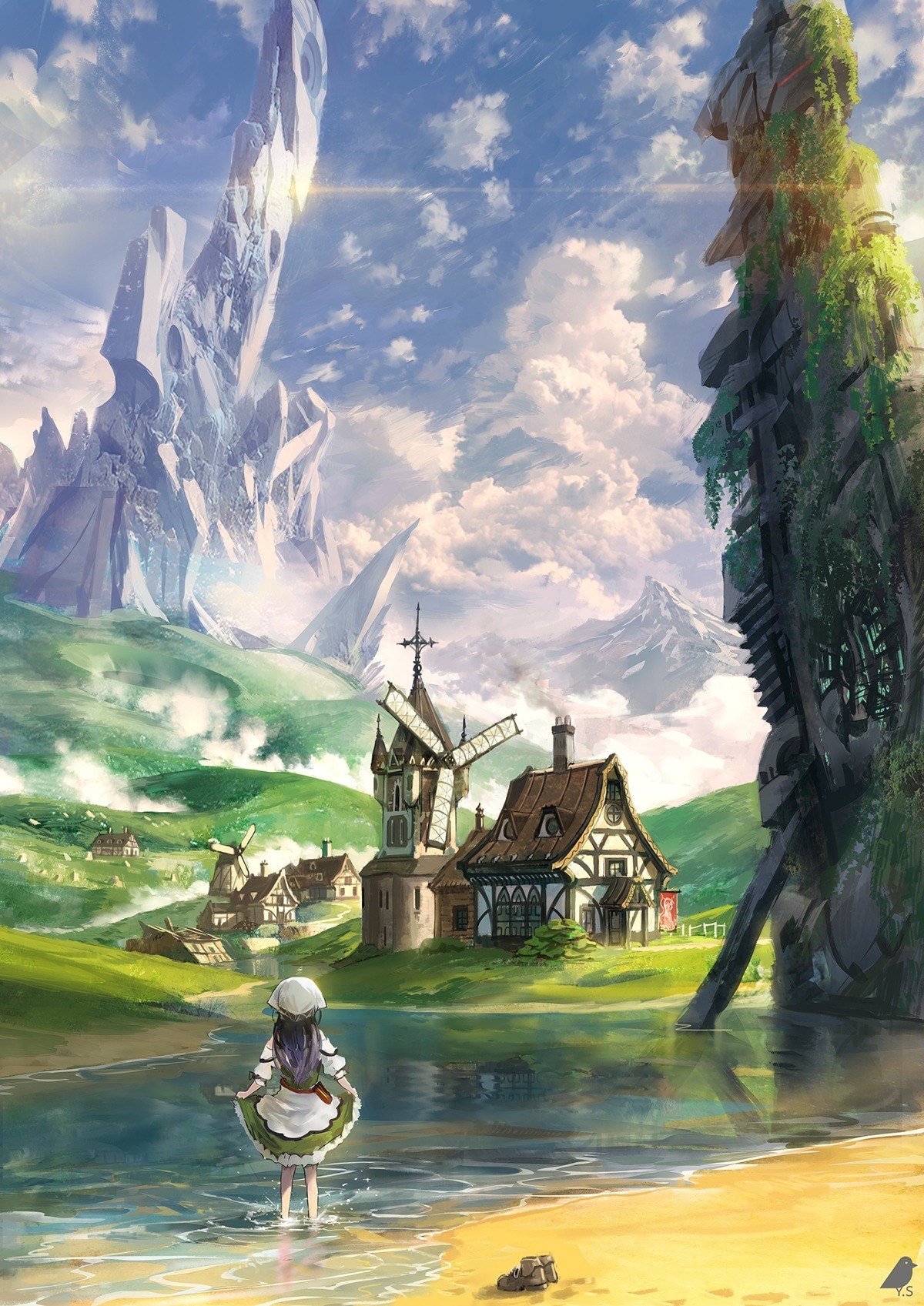 Anime girl in a village with windmills and futuristic structures HD Wallpaper