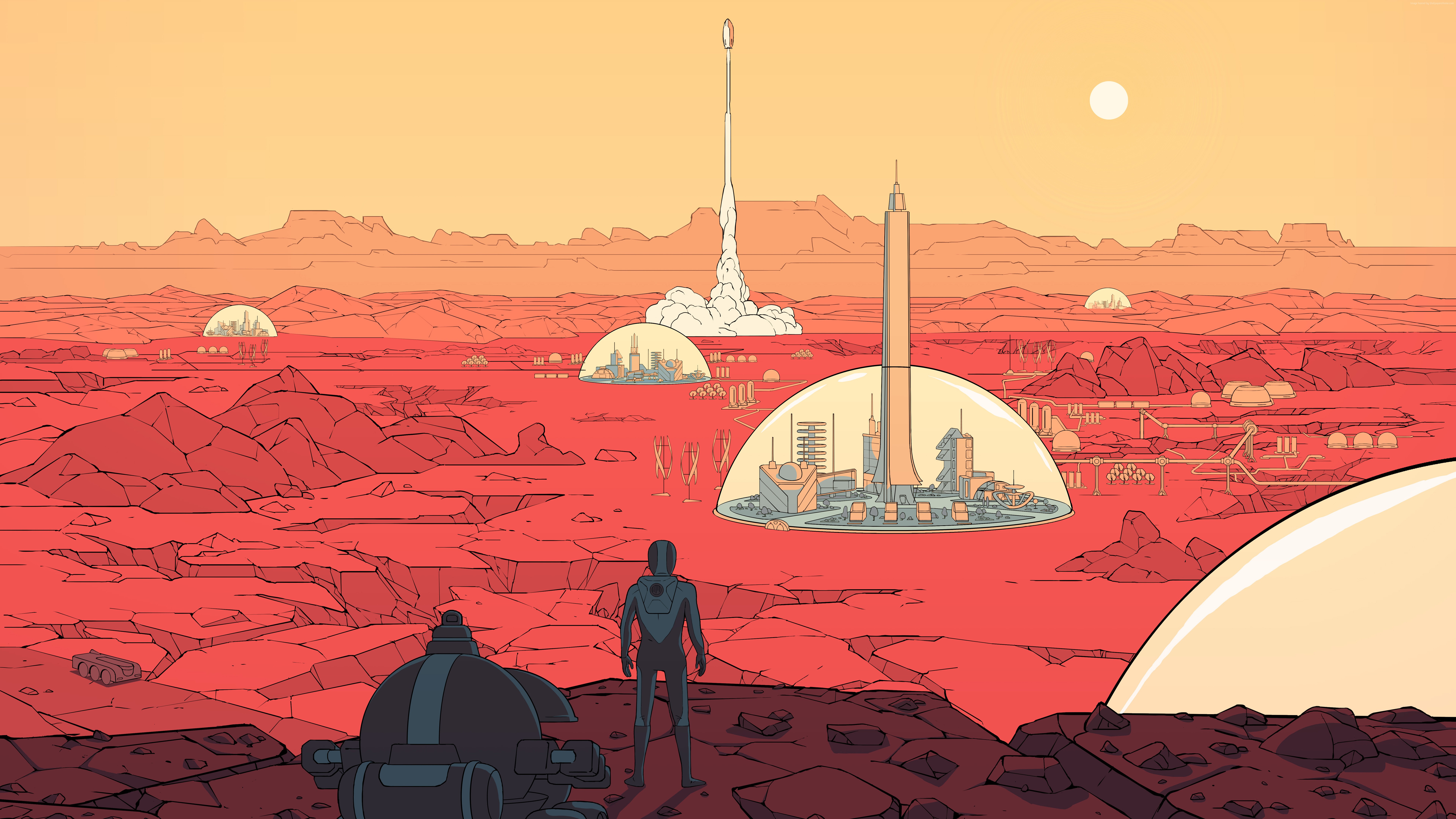 Surviving Mars poster with astronaut and rocket launch HD Wallpaper