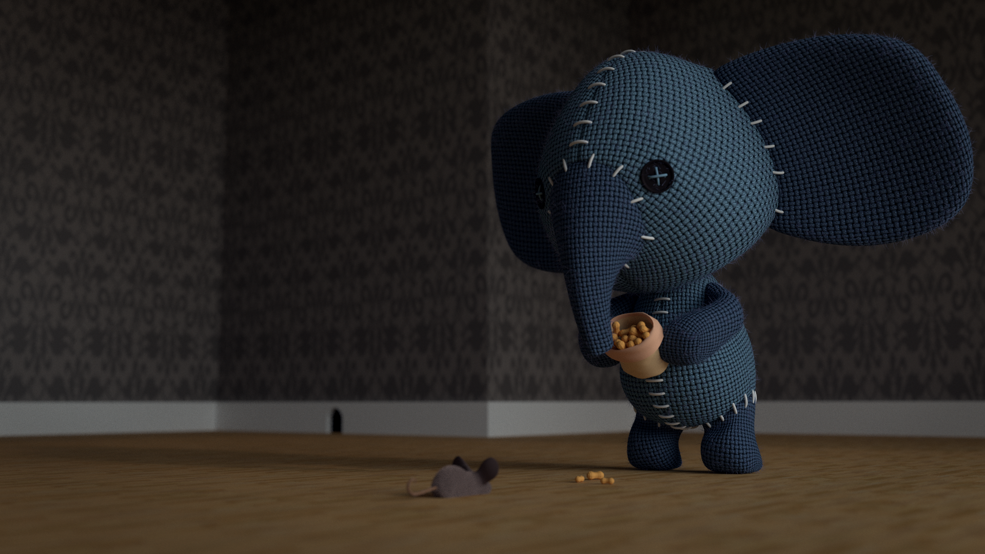 Stuffed elephant holding peanuts with a mouse nearby HD Wallpaper