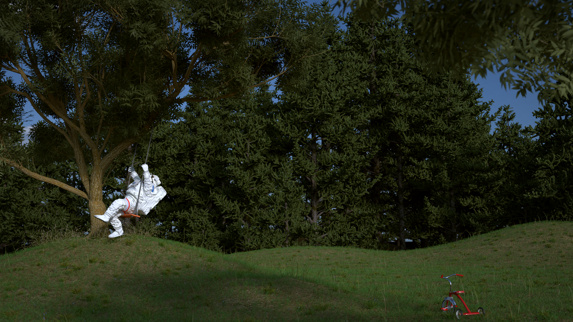 Astronaut on a swing in a forest with a tricycle HD Wallpaper