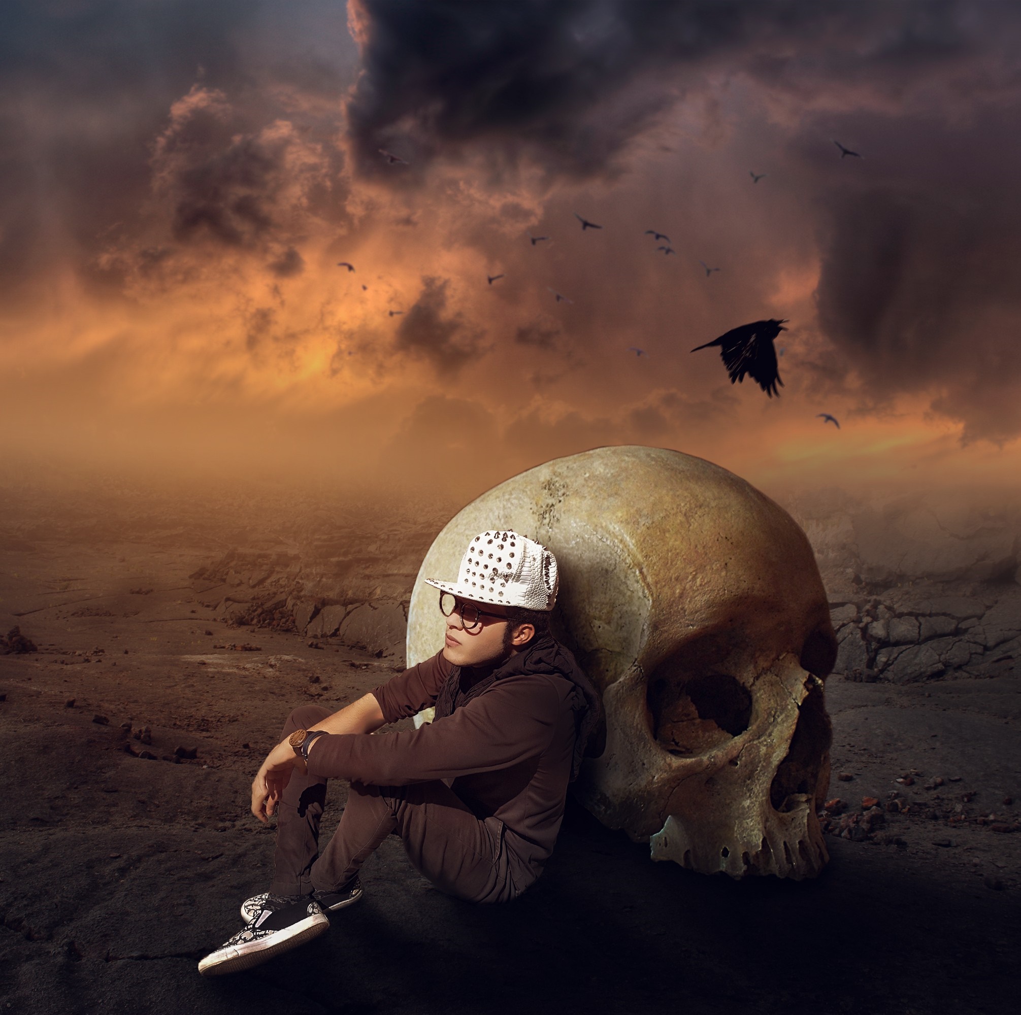 Man sitting next to a giant skull with birds flying in the sky HD Wallpaper