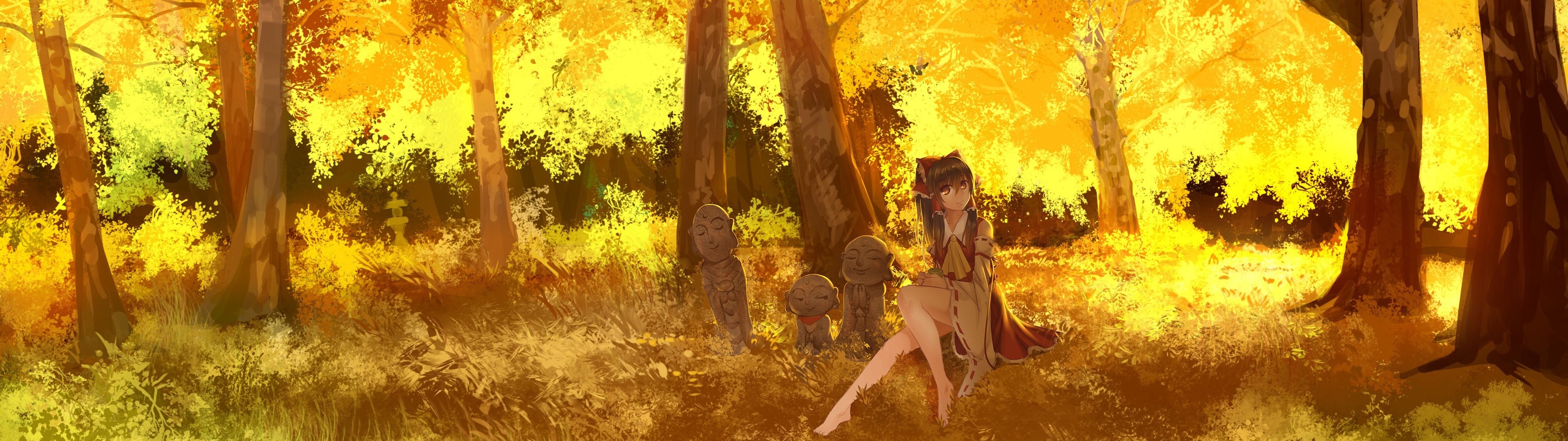 Hakurei Reimu from Touhou in an autumn forest HD Wallpaper