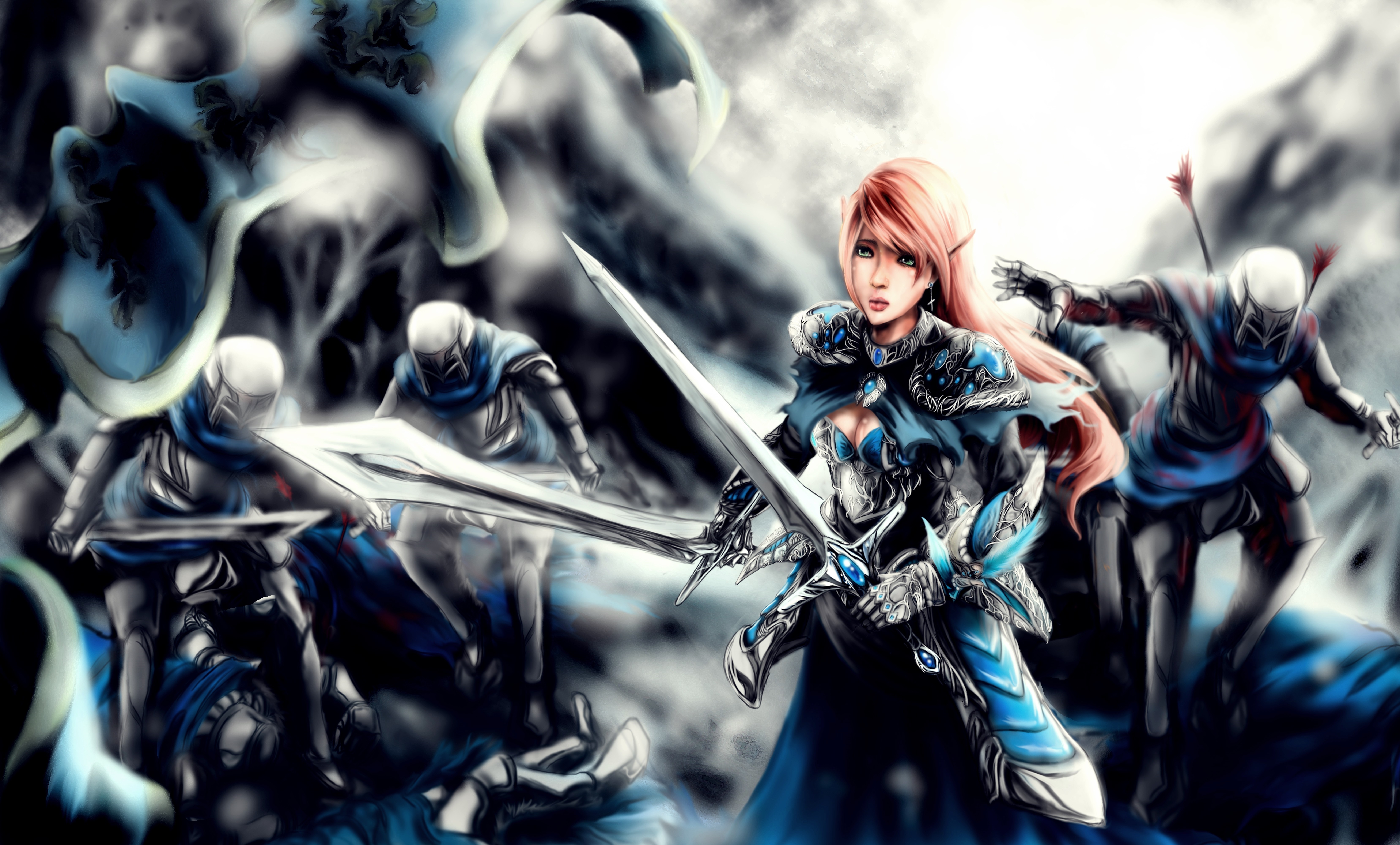 Fantasy warrior girl with sword fighting enemies HD Wallpaper