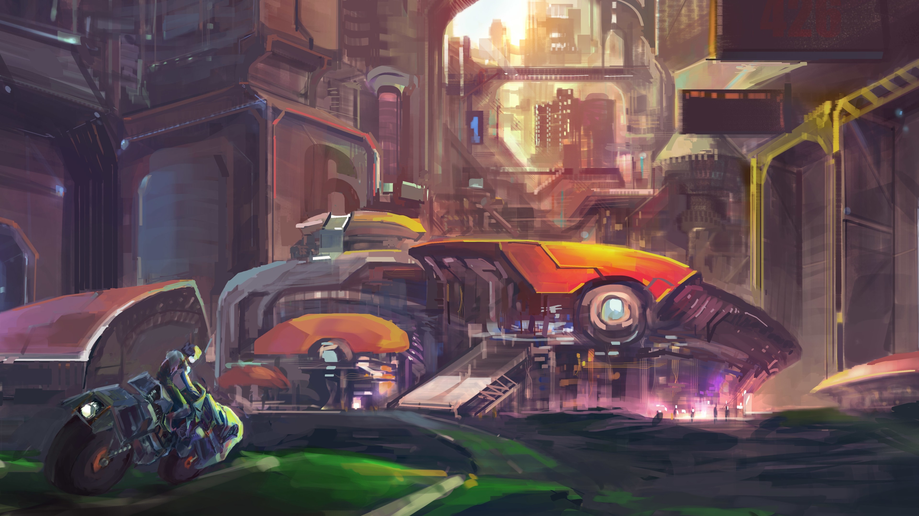 Futuristic city with a motorcycle and advanced architecture HD Wallpaper