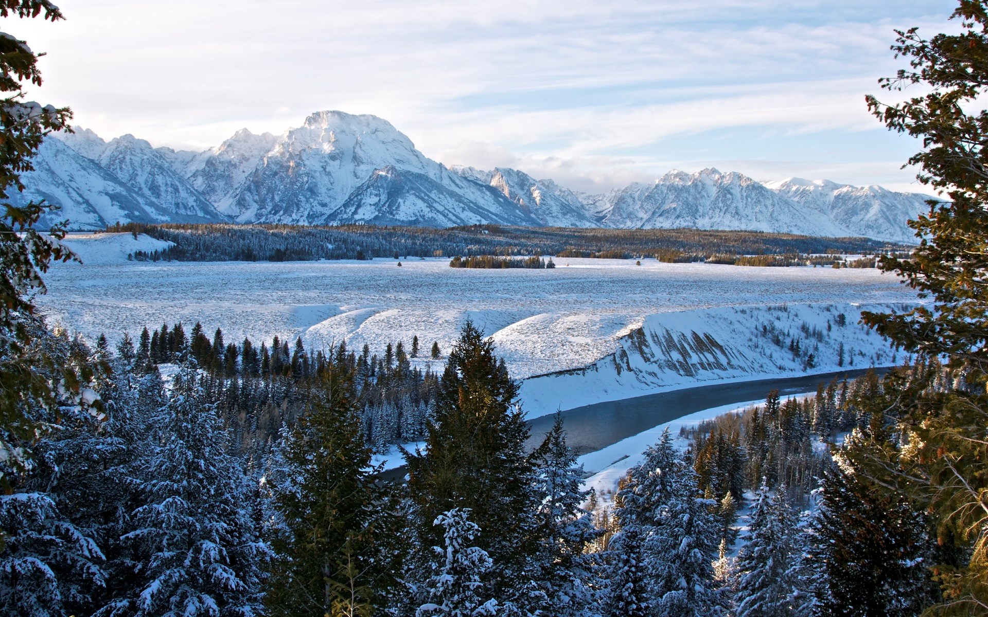 Snowy Mountains and River in Winter HD Wallpaper