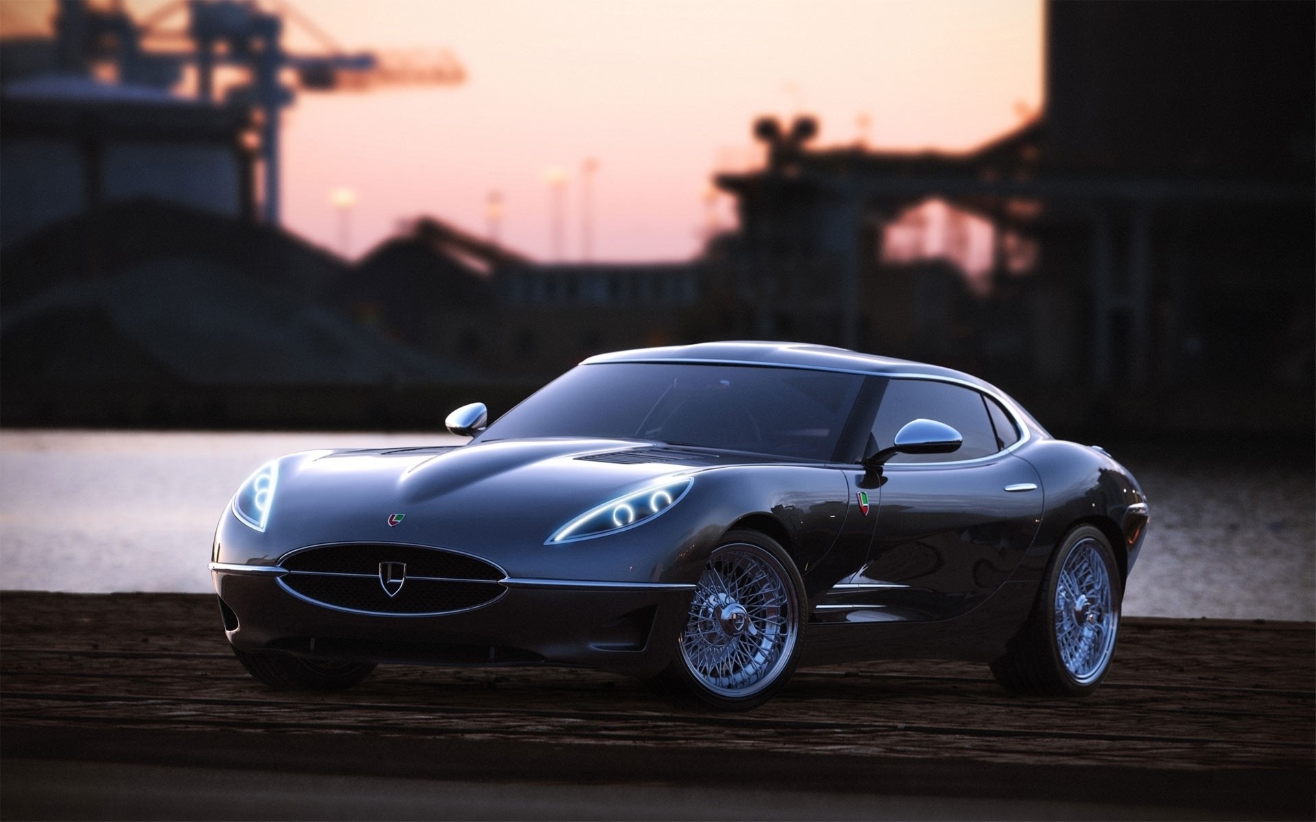 Dark grey sports car parked on wooden planks HD Wallpaper