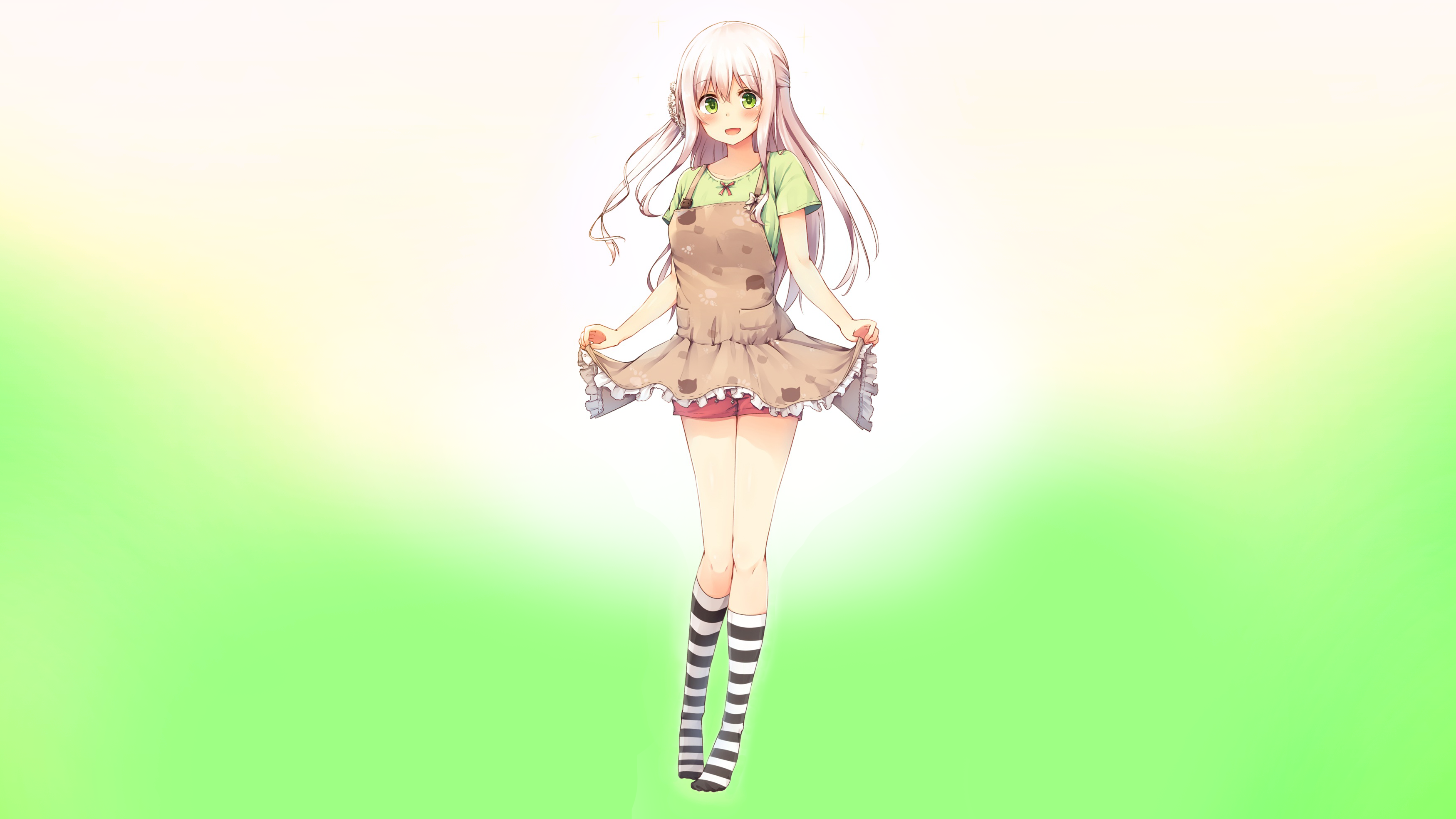 Anime girl with green eyes and striped socks HD Wallpaper