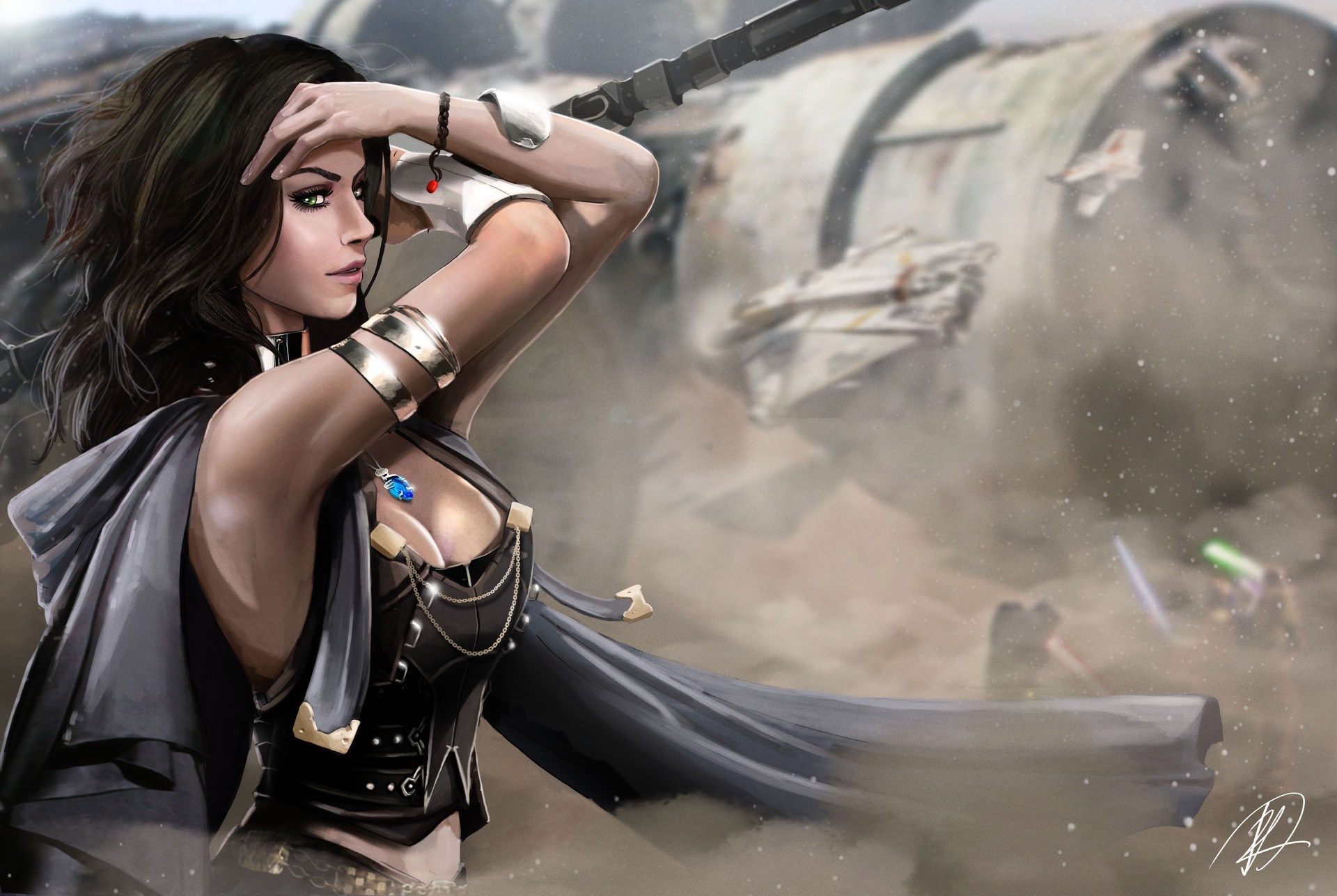 Rey from Star Wars in a desert battle HD Wallpaper