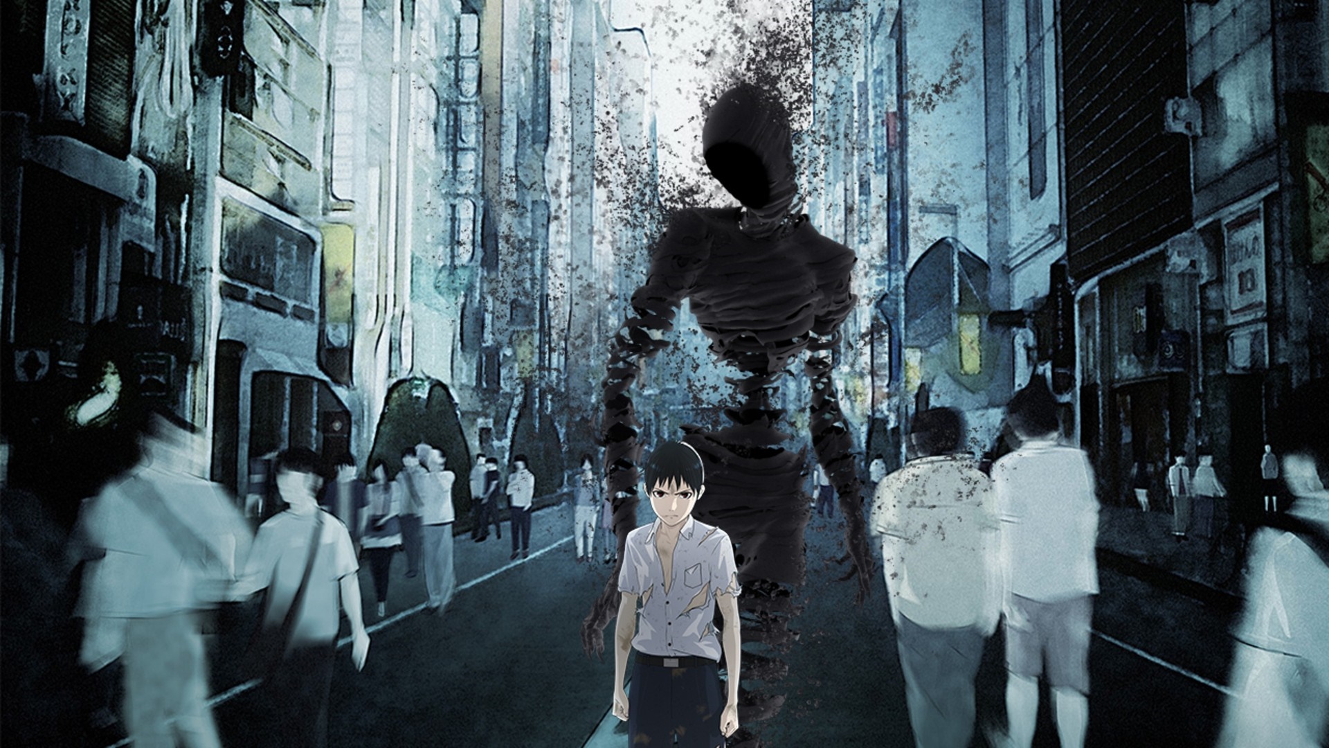 Kei Nagai and a tall dark figure in a city street HD Wallpaper