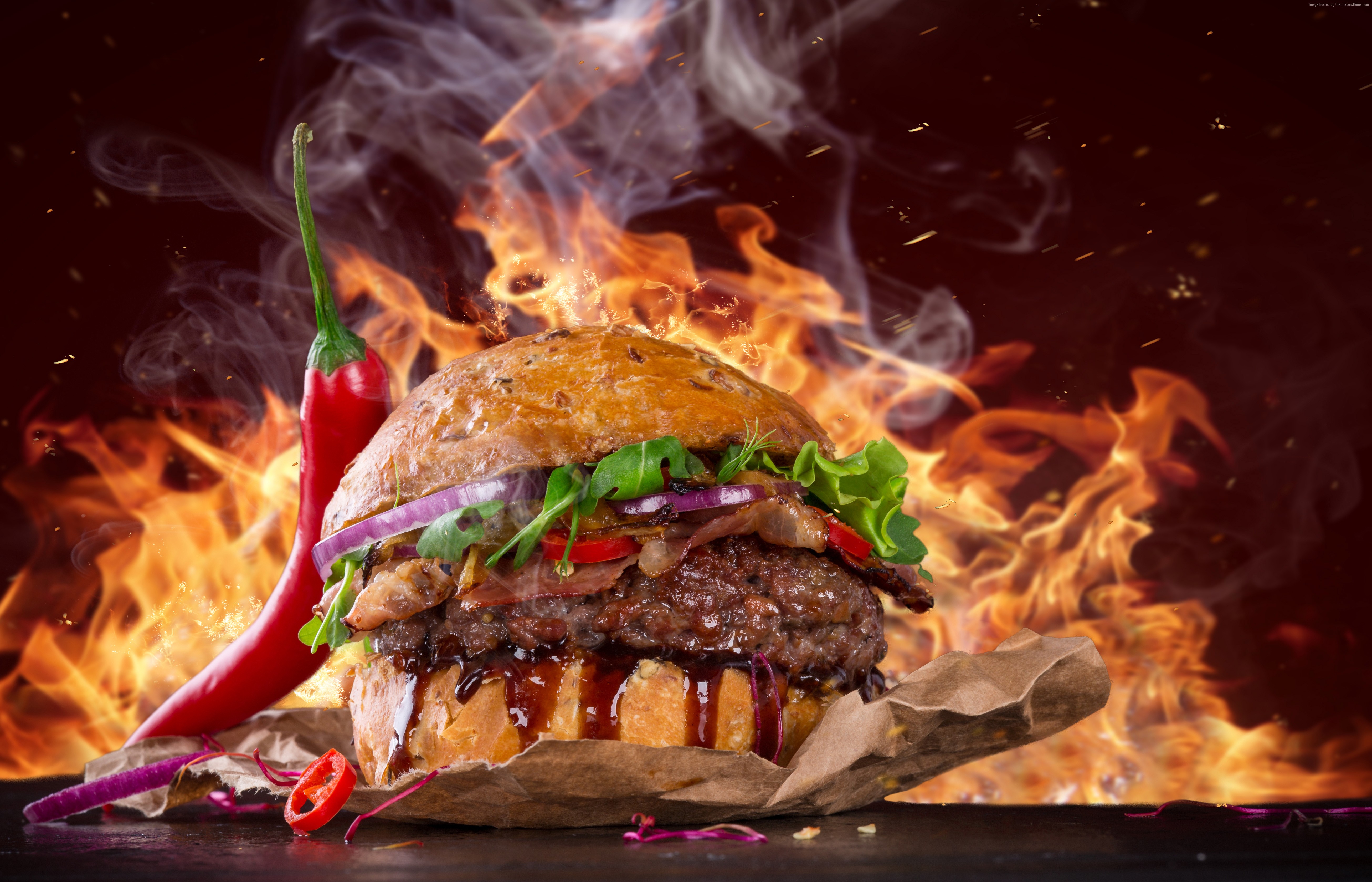 Burger with chili pepper on fire HD Wallpaper