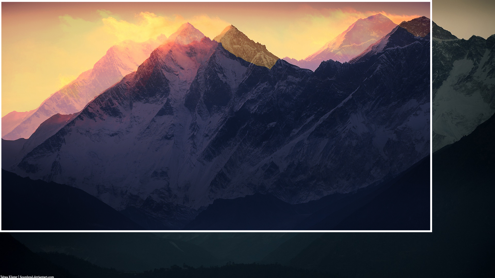Snowy mountains at sunrise with golden light HD Wallpaper