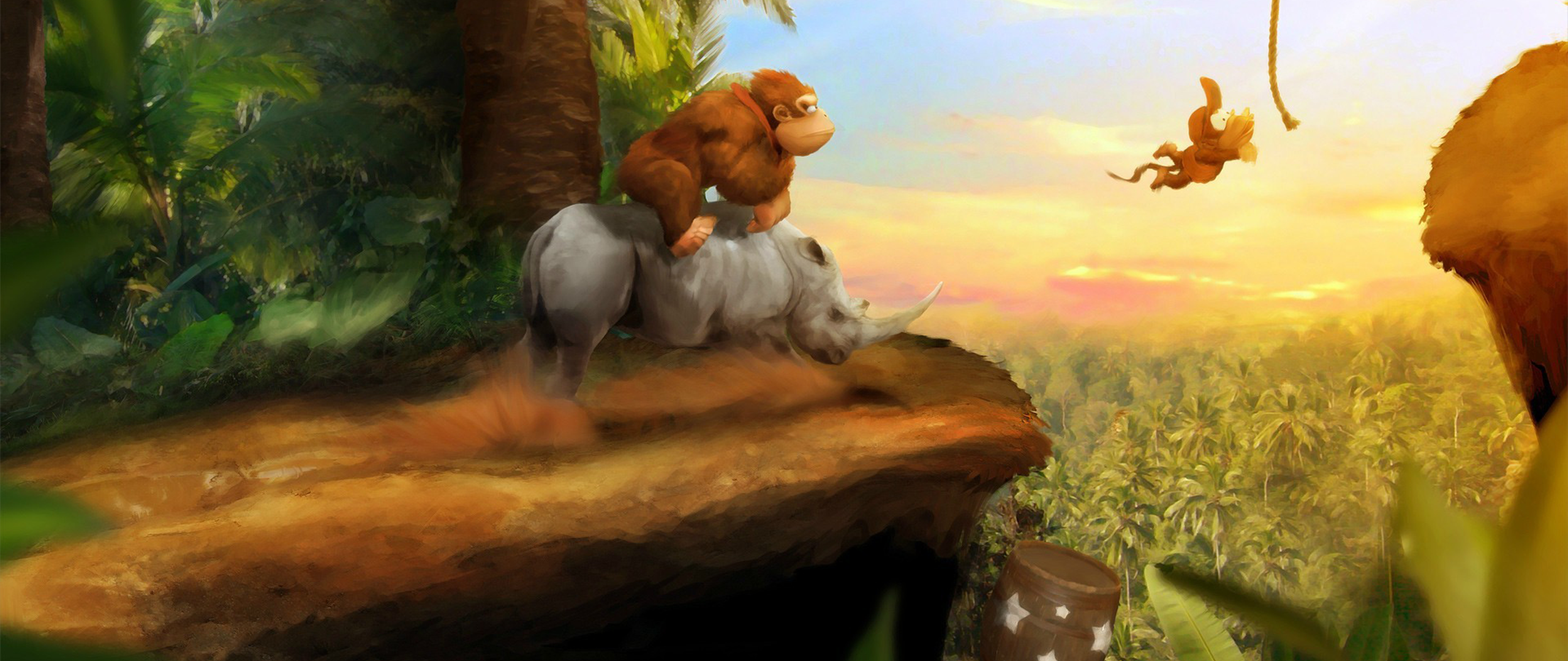 Donkey Kong and Rhino on a Cliff HD Wallpaper