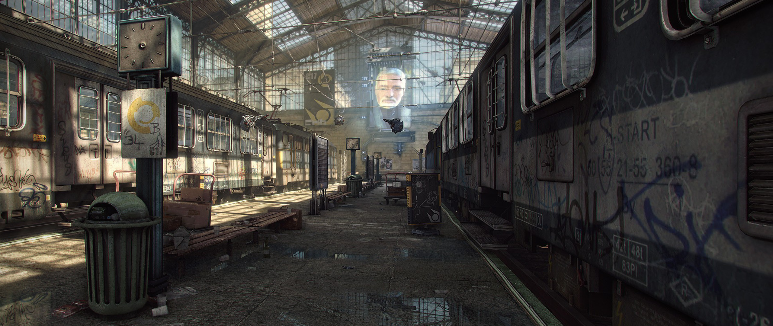 Train station interior with graffiti and a projected face HD Wallpaper