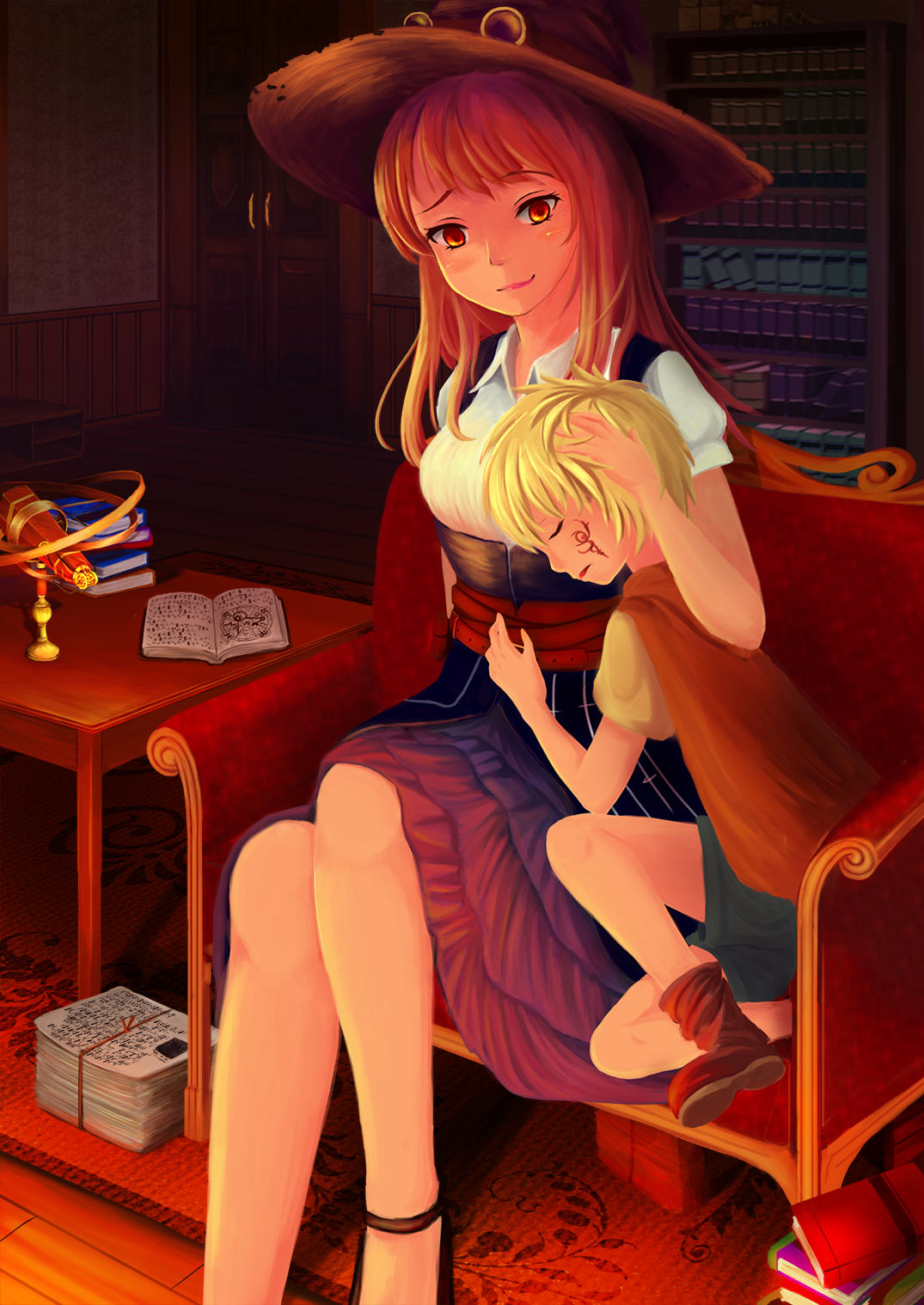 Anime witch with child in library HD Wallpaper