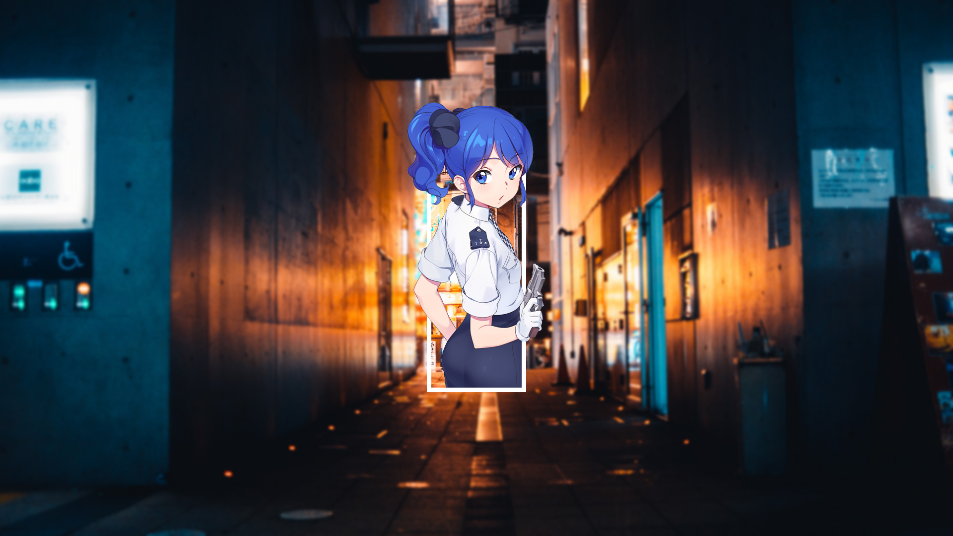 Anime girl in police uniform holding a gun in alley HD Wallpaper