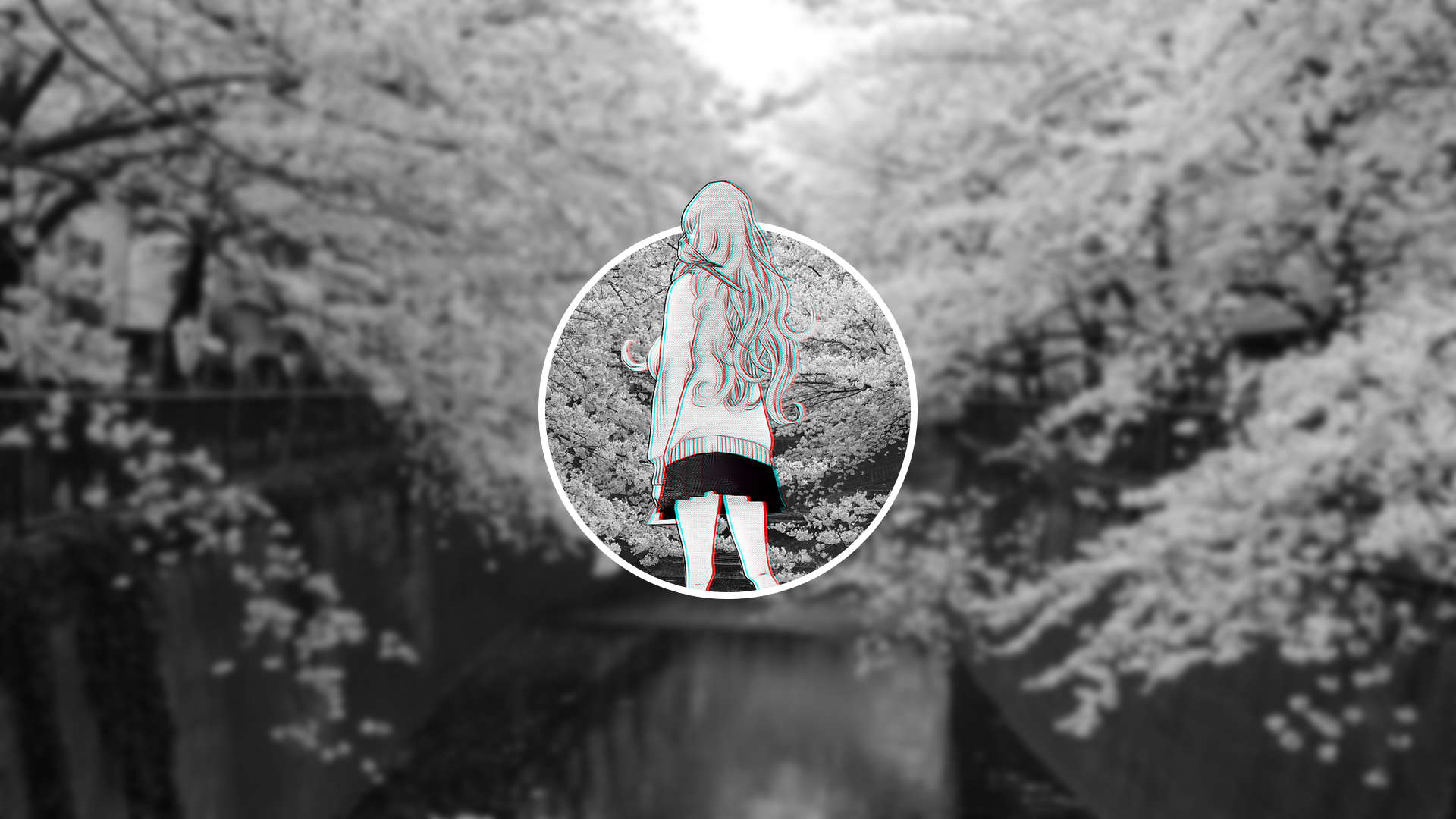 Anime girl in circle with glitch effect, monochrome nature background HD Wallpaper