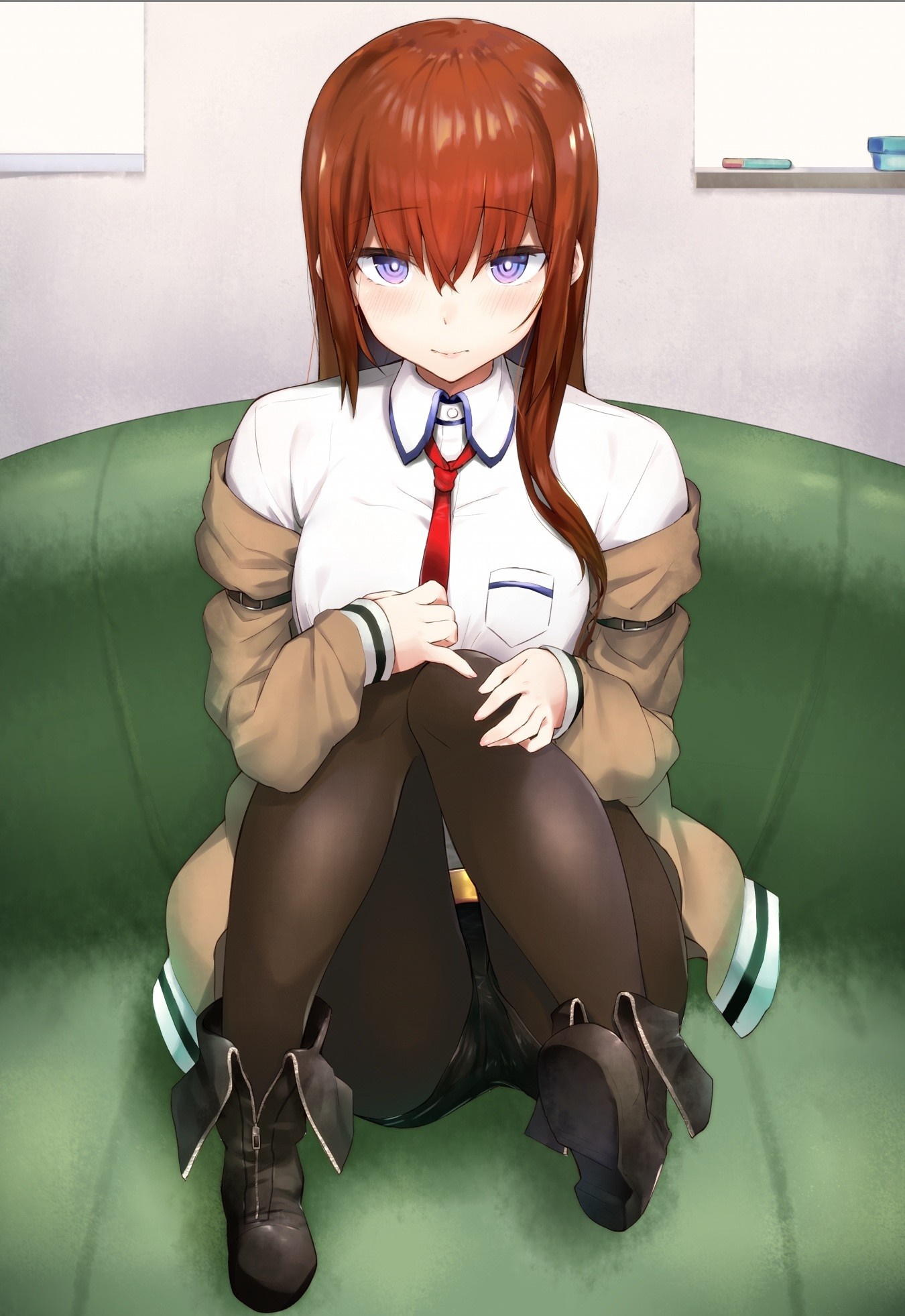 Makise Kurisu from Steins Gate sitting on a couch HD Wallpaper