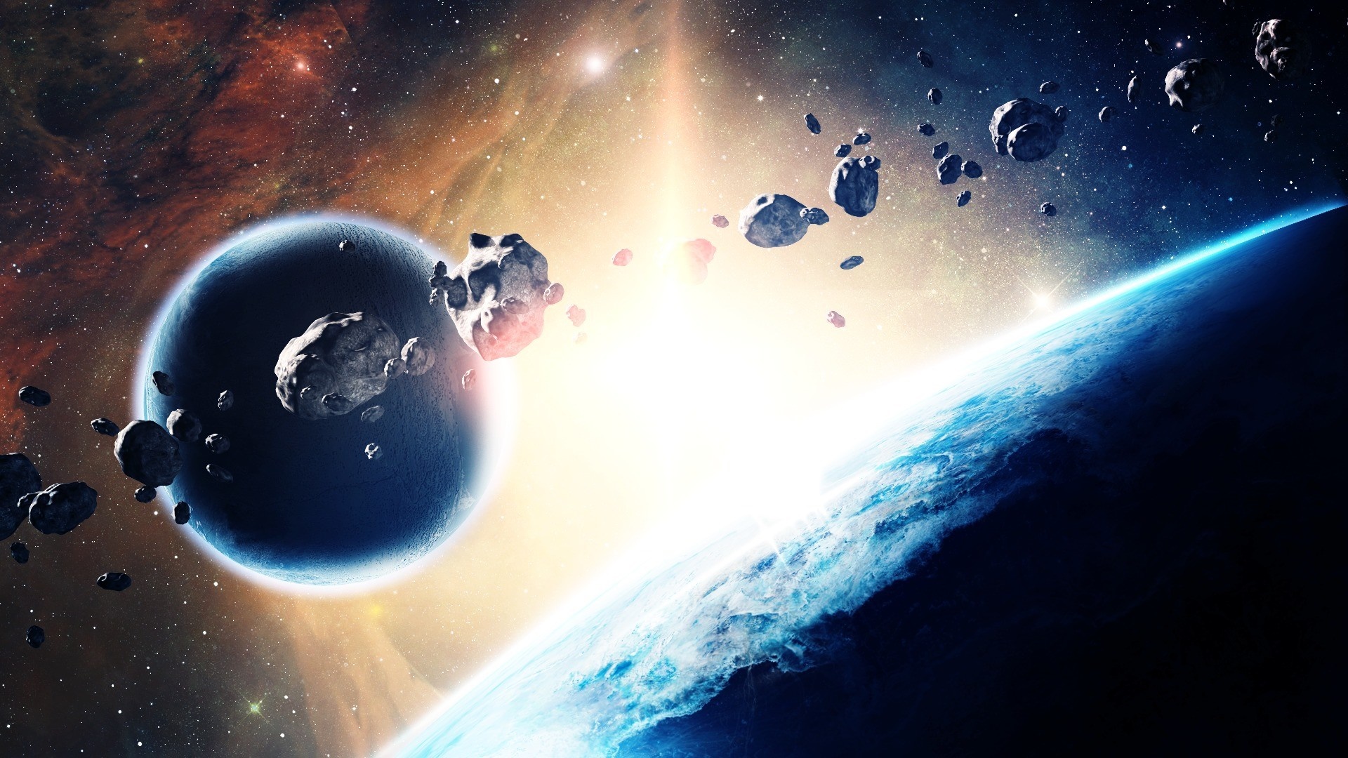 Asteroids near Earth and a blue planet HD Wallpaper