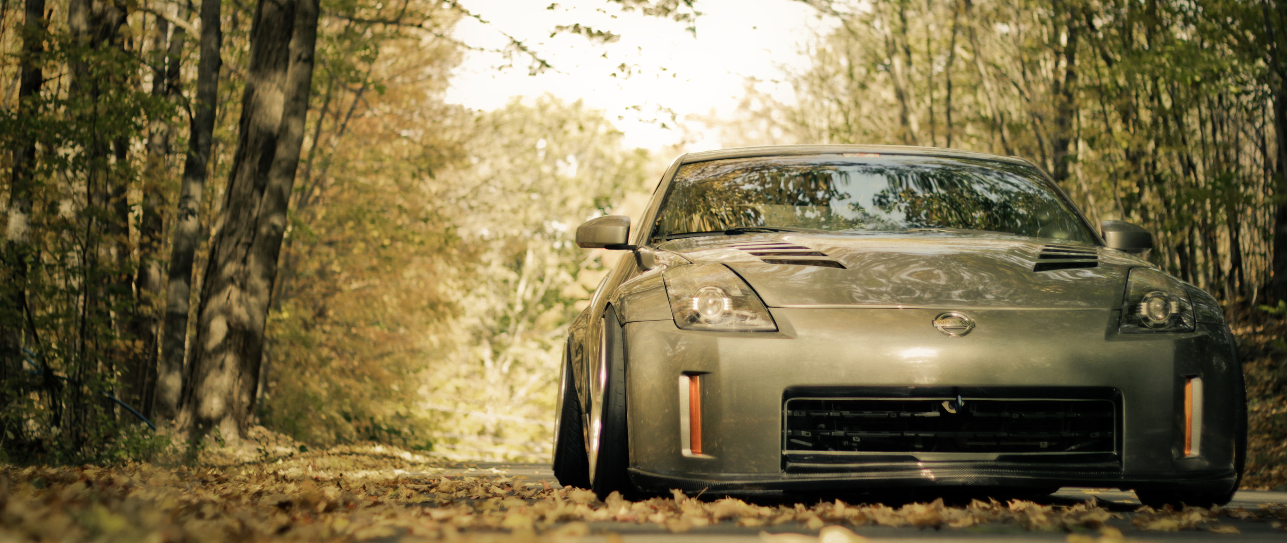 Nissan 350Z sports car on a forest road HD Wallpaper