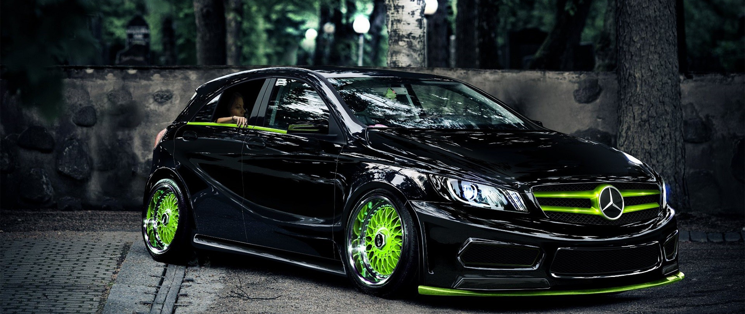 Black Mercedes-Benz A-Class with neon green accents HD Wallpaper