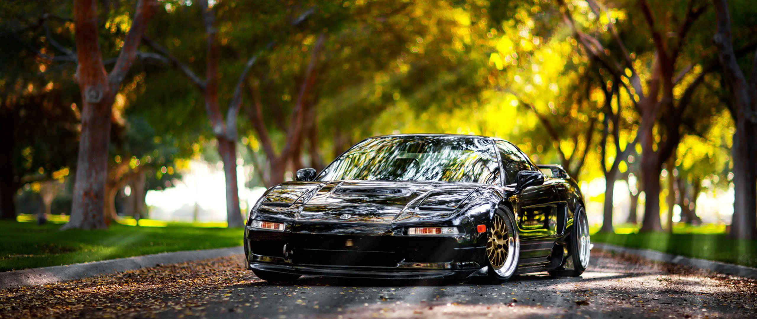 Black Acura NSX sports car on a tree-lined road HD Wallpaper