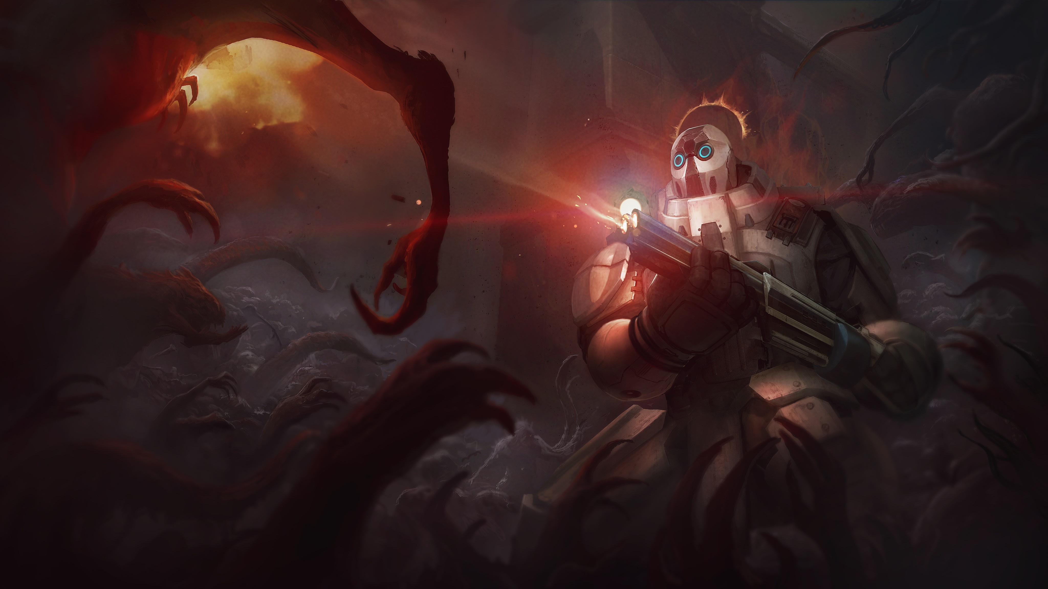 Artwork of a soldier fighting monsters HD Wallpaper