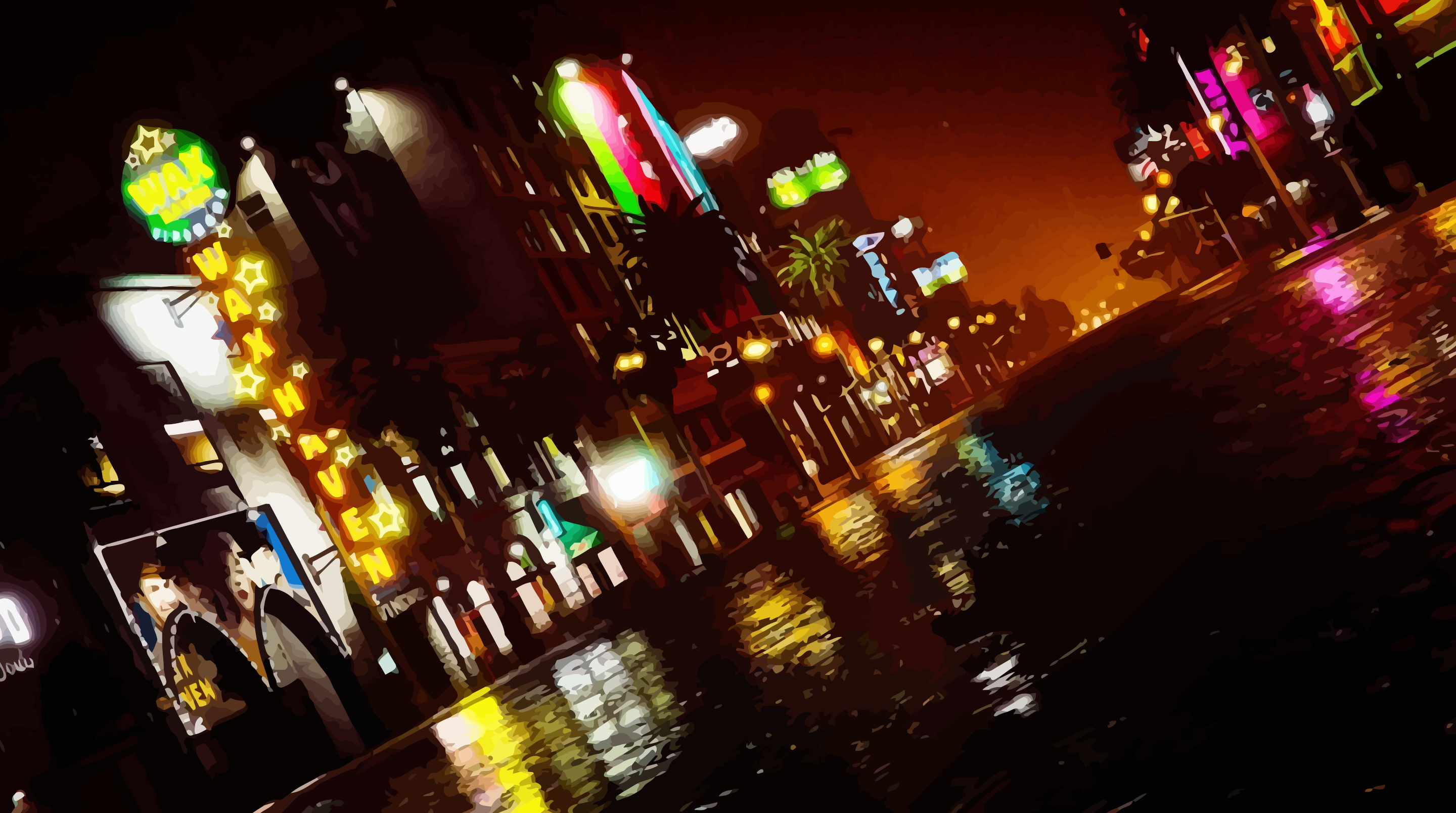 Neon cityscape at night with wet streets HD Wallpaper