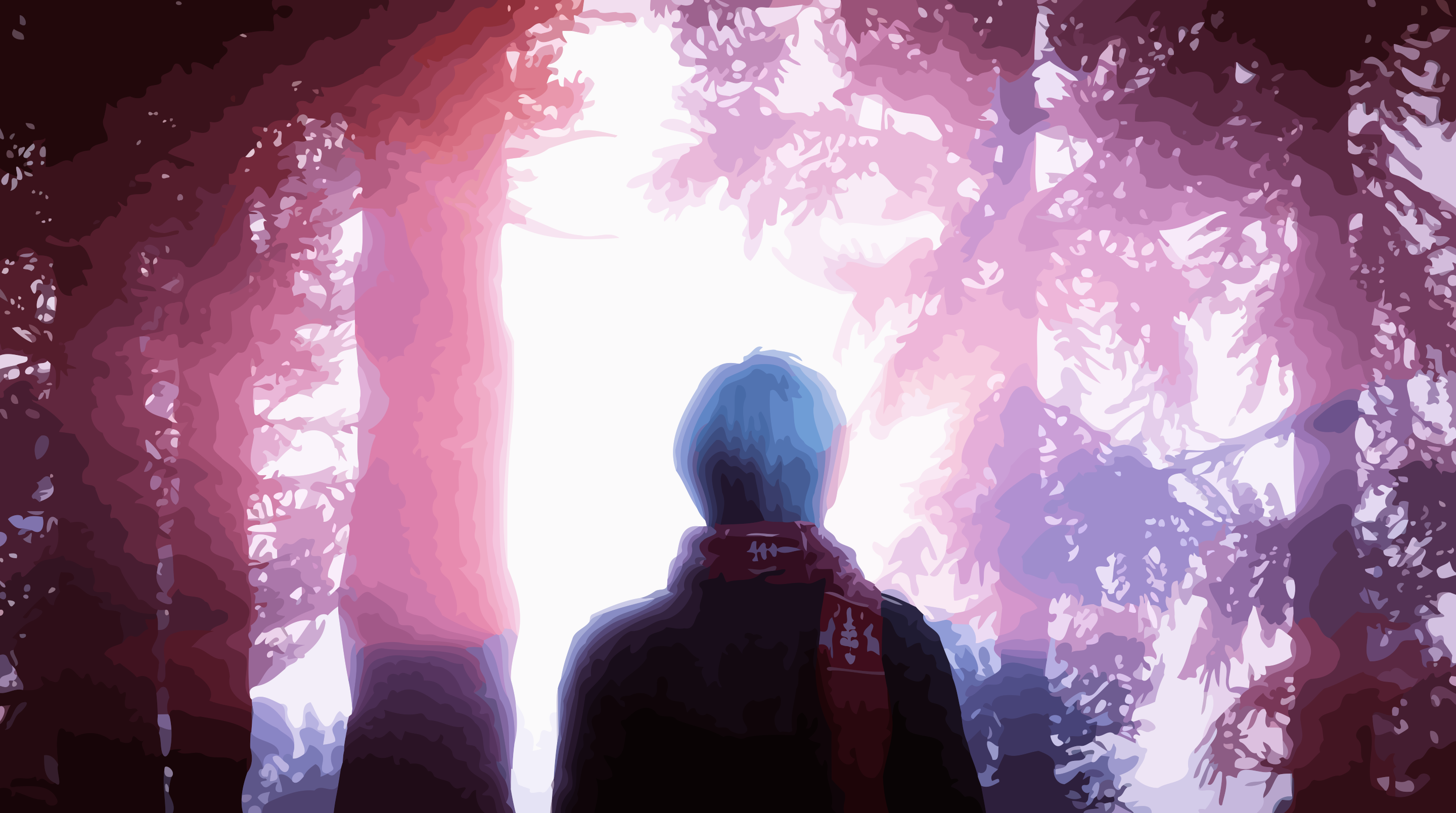 Person in a scarf looking at sunlight through trees HD Wallpaper