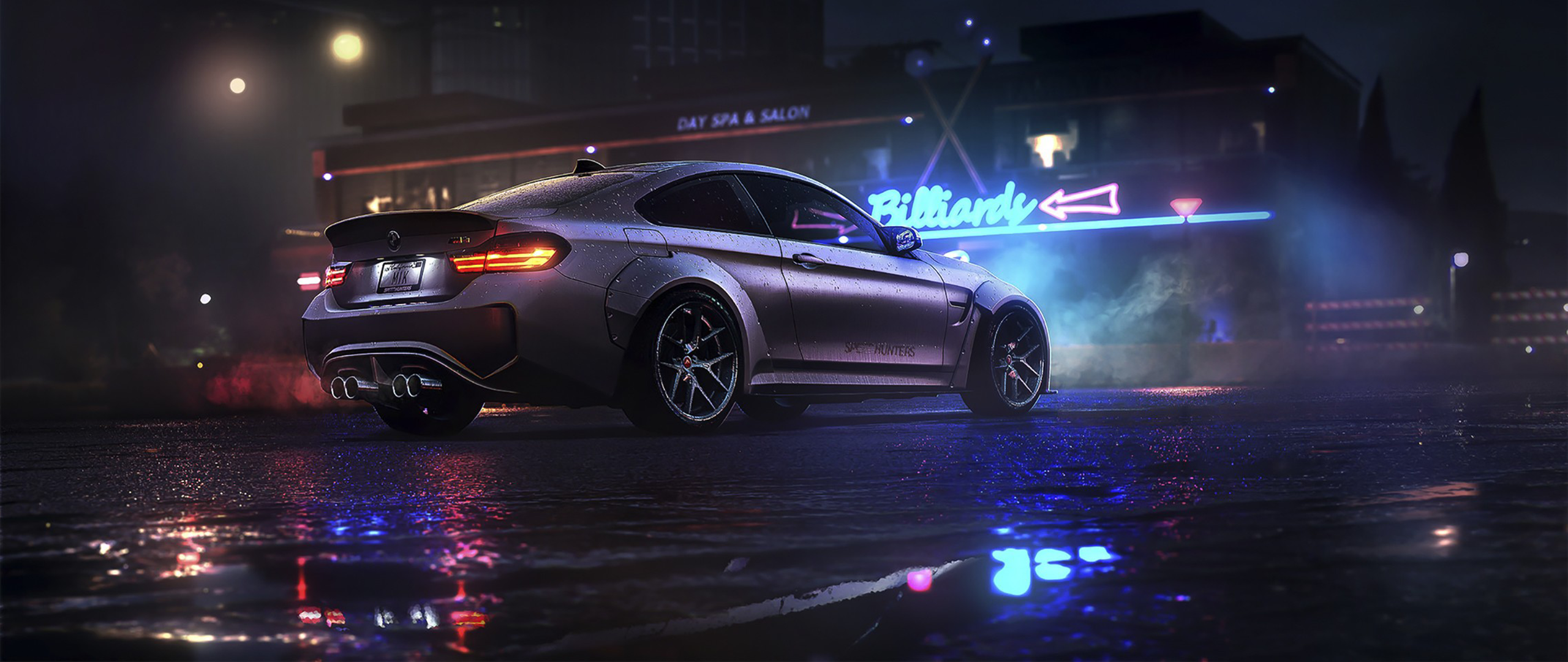 BMW M4 sports car on wet street at night HD Wallpaper