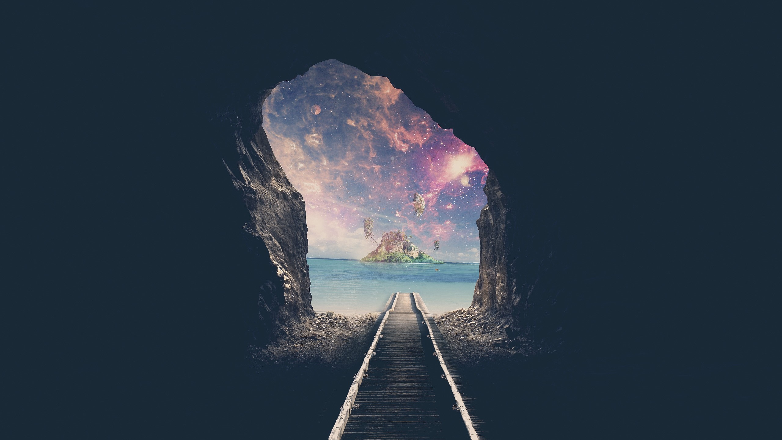 Cave opening to a surreal island in space HD Wallpaper