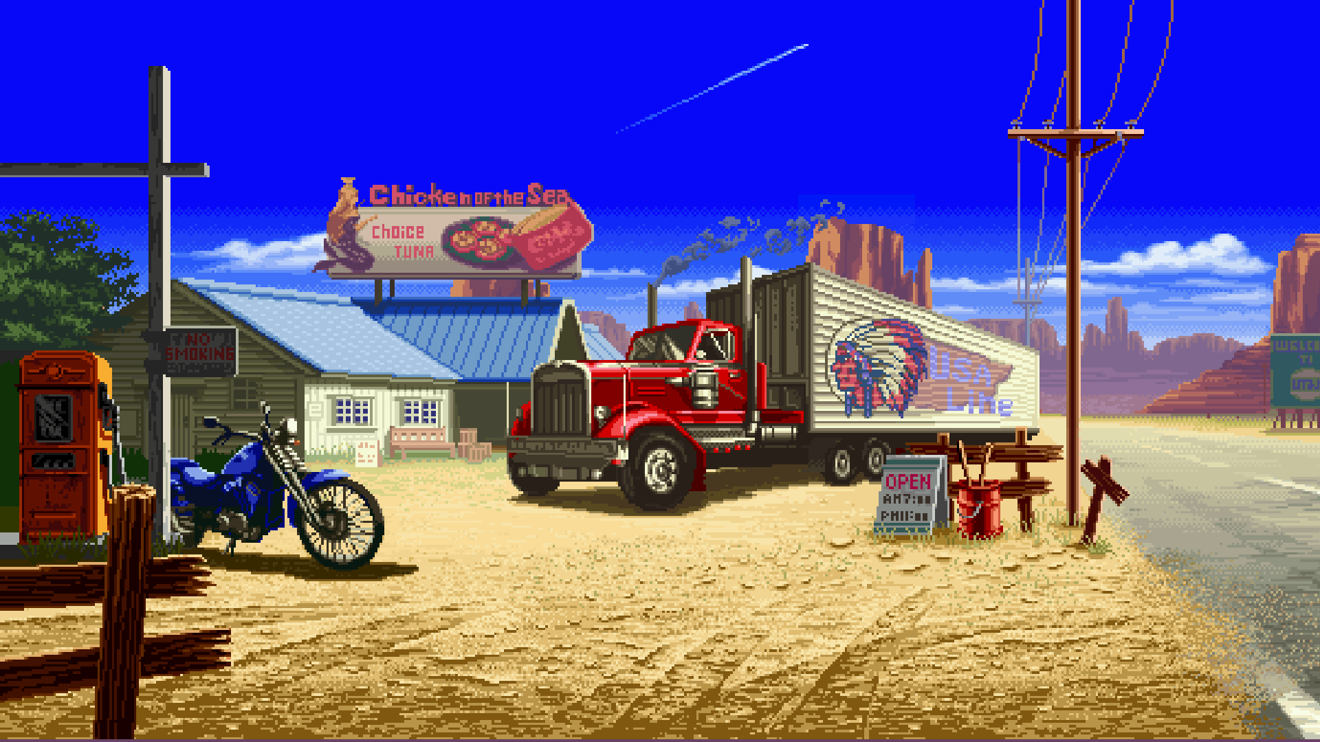 Pixel art desert landscape with gas station, truck, and motorcycle HD Wallpaper