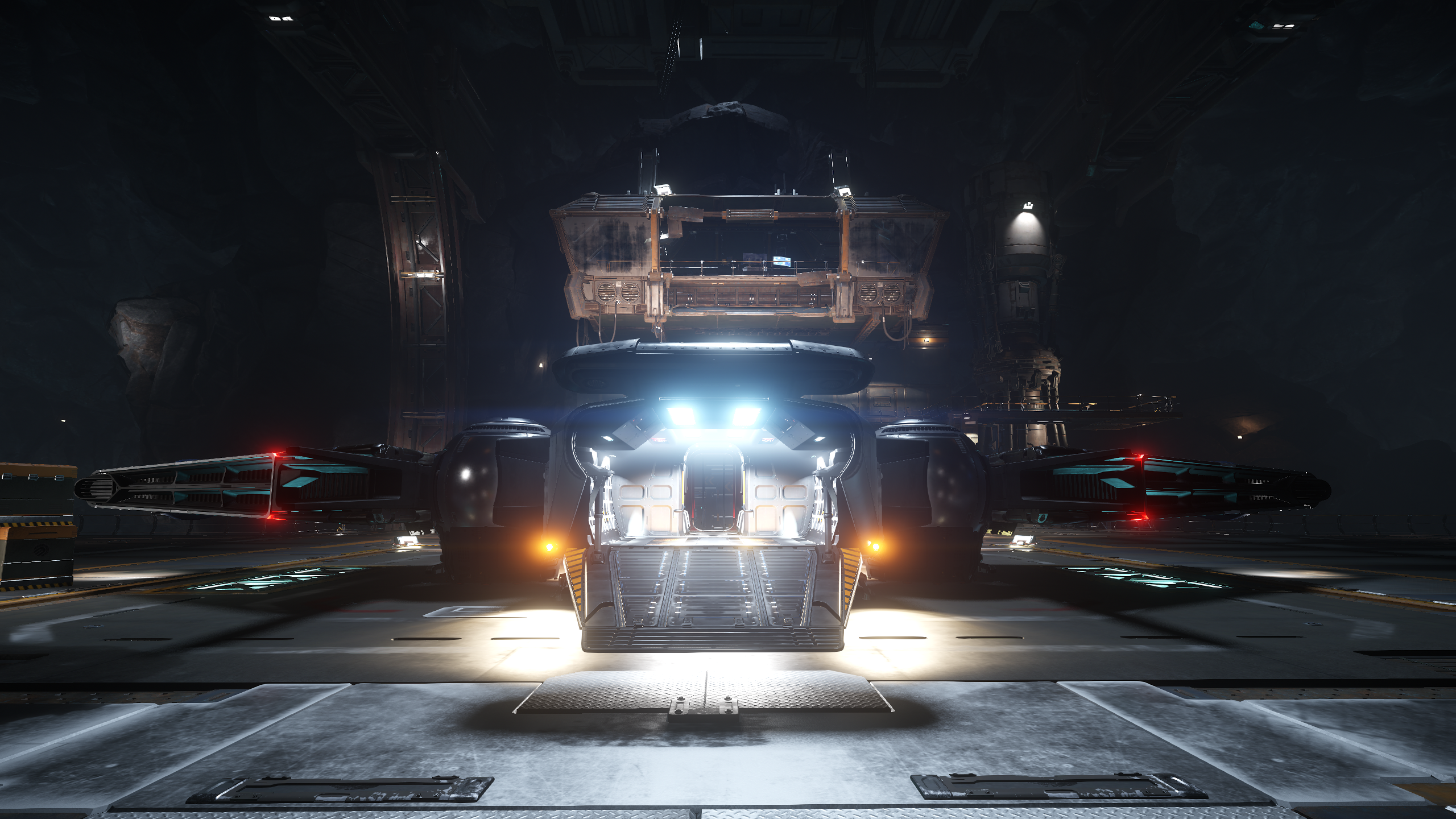 Star Citizen spaceship in a hangar at night HD Wallpaper