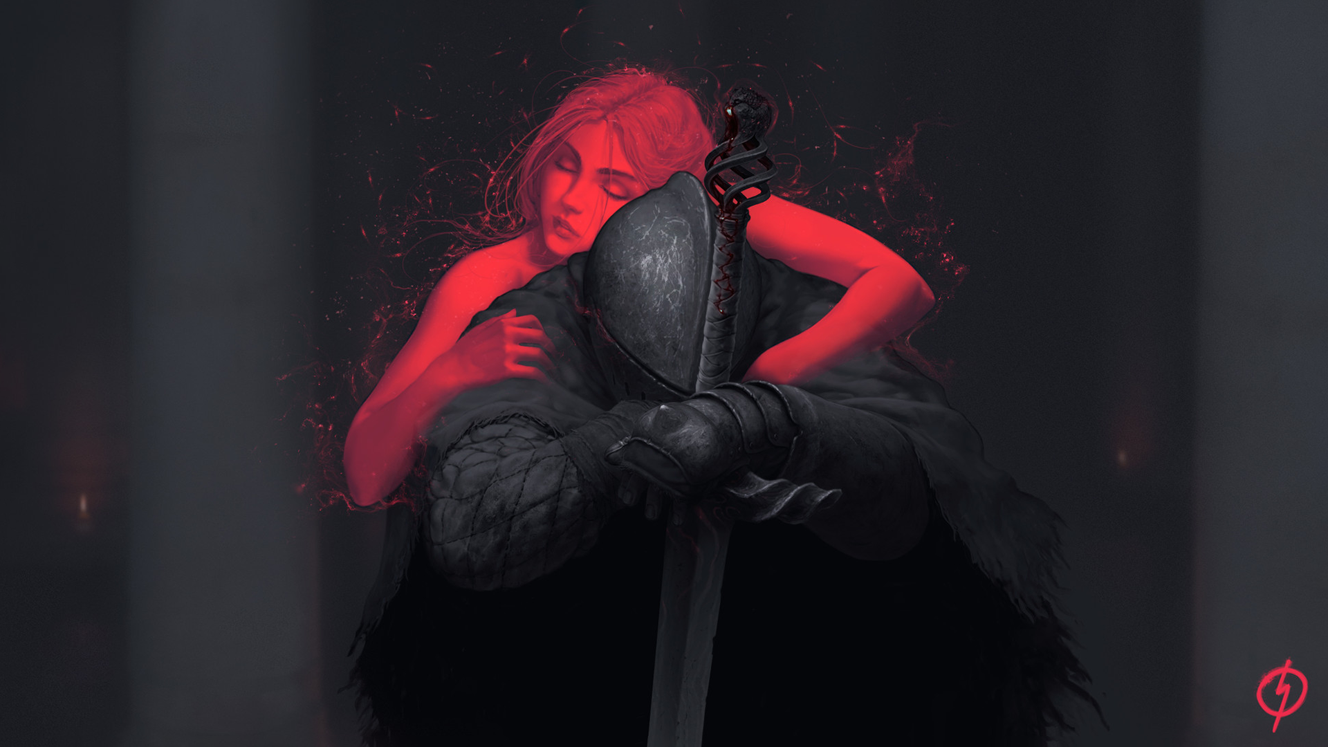 Woman embracing a knight with a sword HD Wallpaper