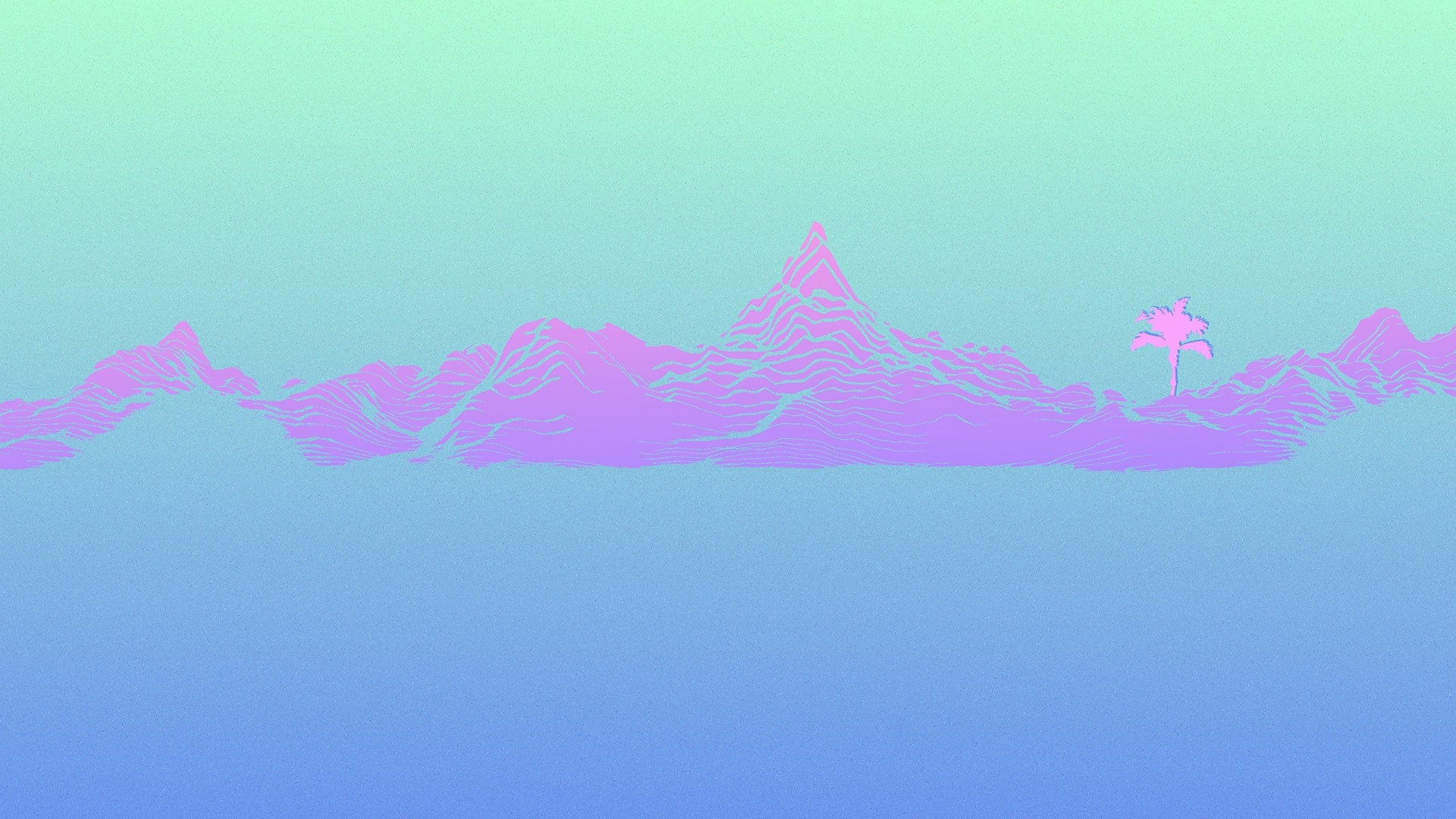 Neon mountain range with a palm tree HD Wallpaper