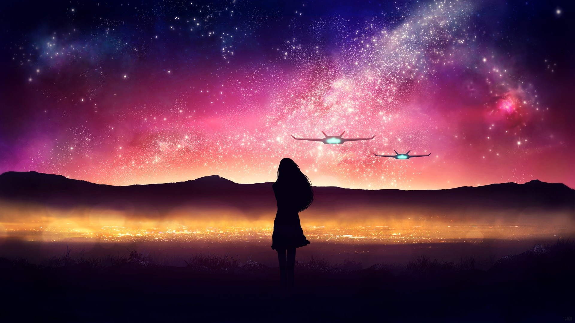 Girl watching spaceships under a colorful galaxy HD Wallpaper