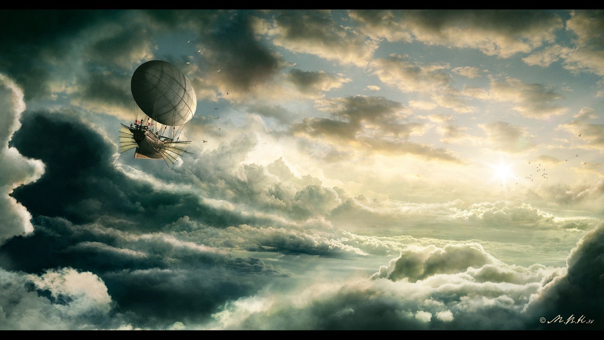 Steampunk airship flying through dramatic clouds at sunrise HD Wallpaper