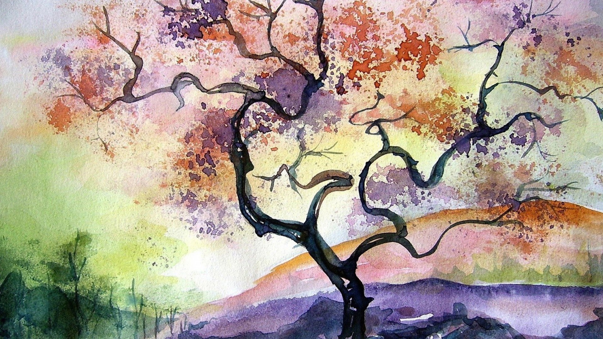 Colorful Watercolor Cherry Blossom Tree Landscape HD Wallpaper