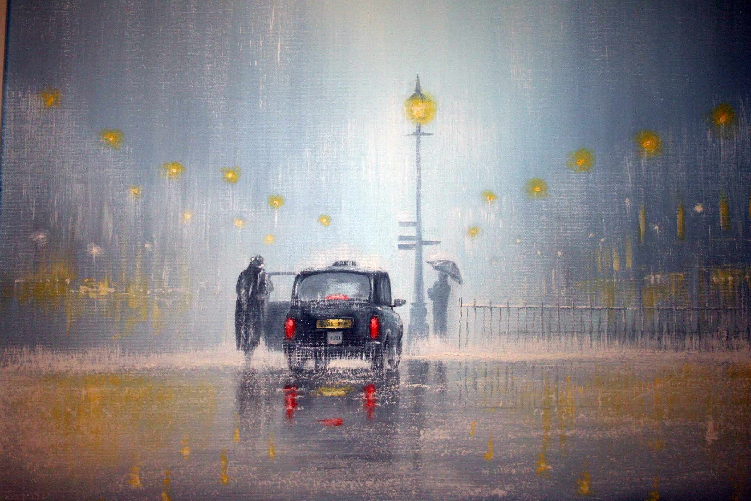 Painting of a London street scene in the rain at night HD Wallpaper