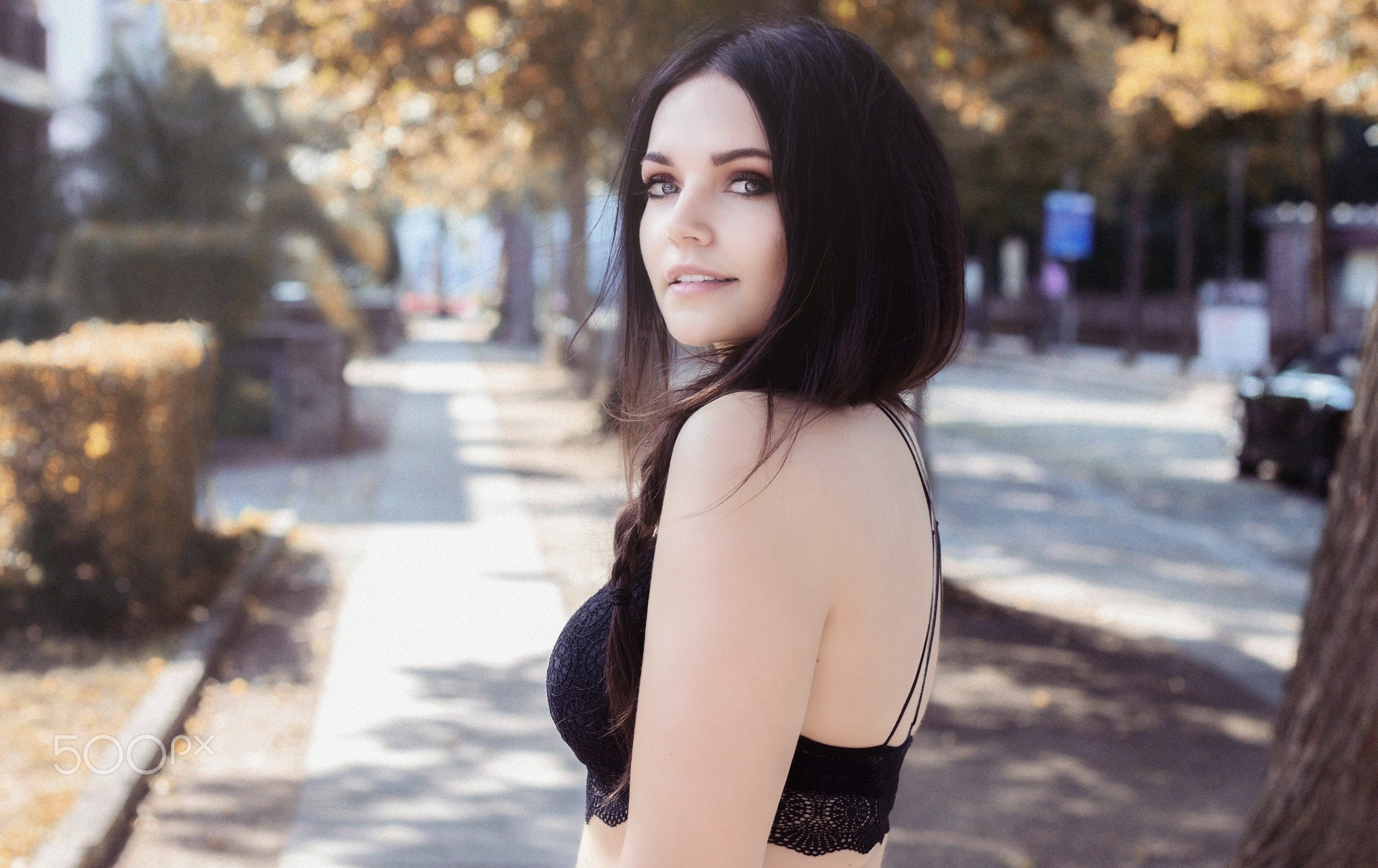Brunette Woman in Black Top Outdoors HD Wallpaper