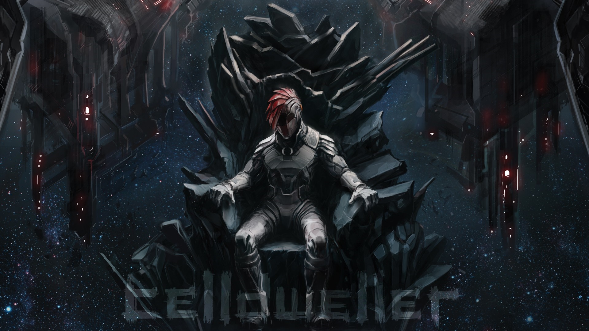 Scifi character on a throne in space HD Wallpaper