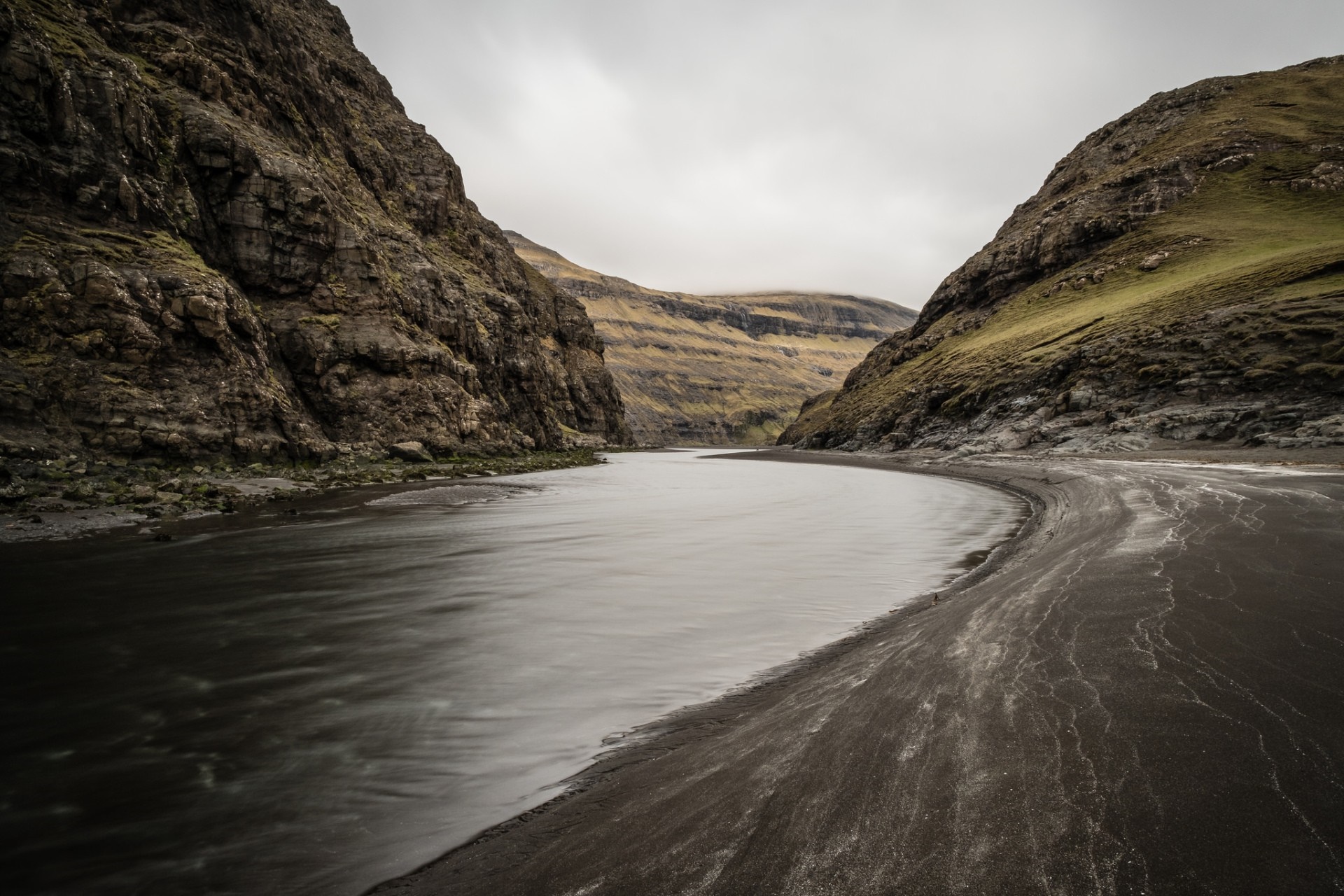 River flowing between rocky mountains in Faroe Islands HD Wallpaper