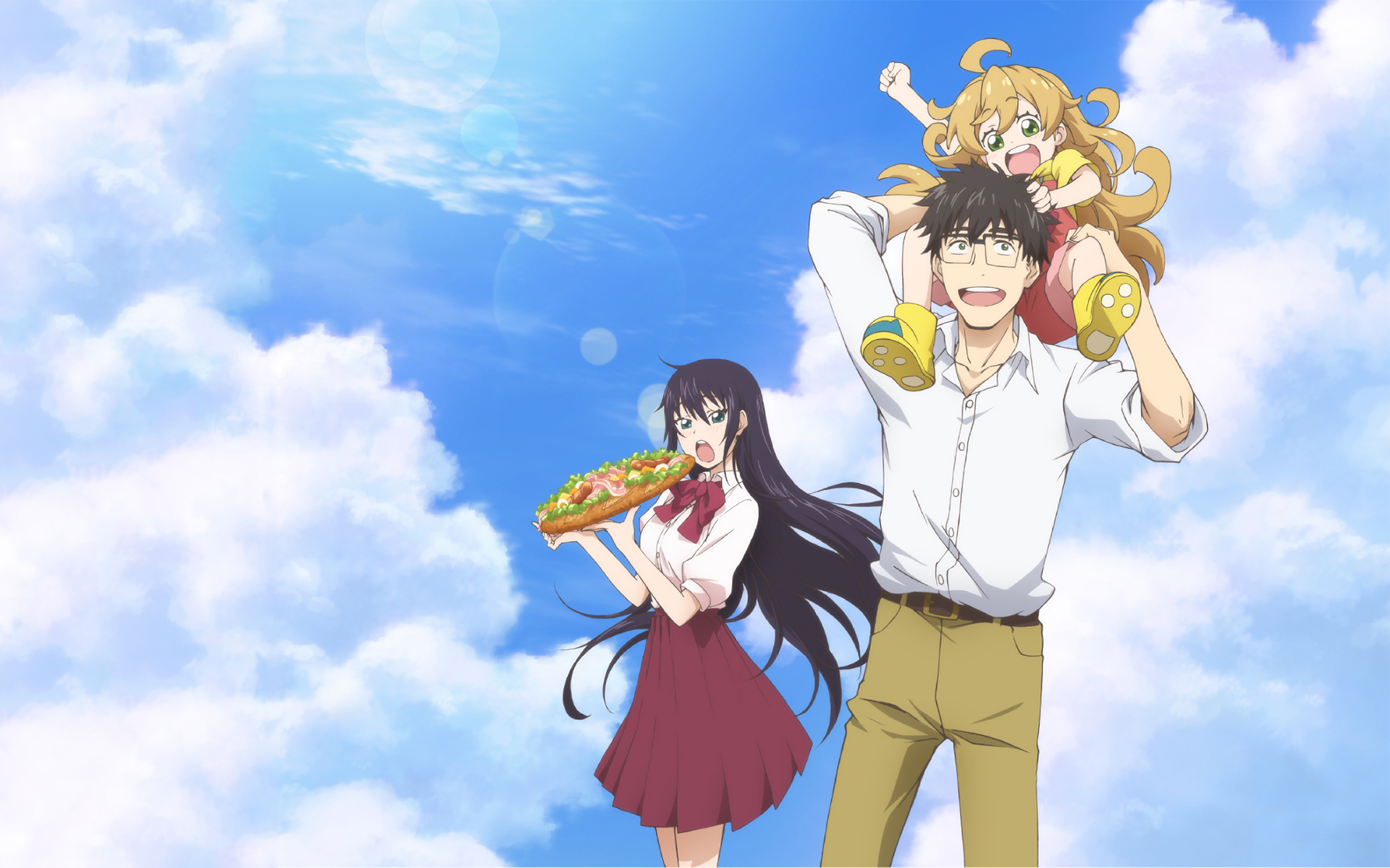 Amaama to Inazuma: Kouhei, Tsumugi, and Kotori with a large sandwich HD Wallpaper