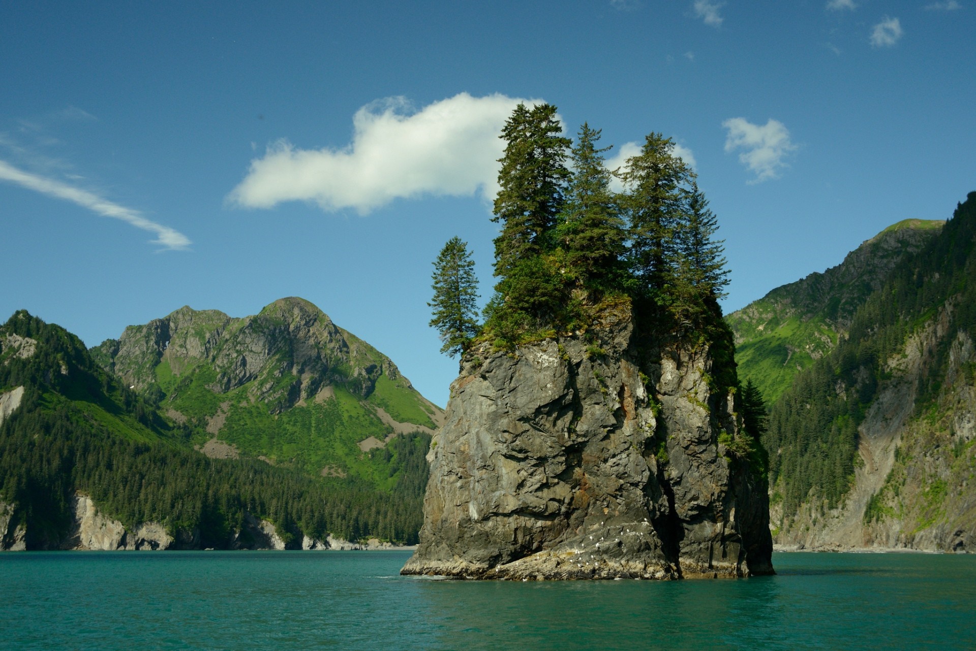 Rocky island with trees in a bay with mountains HD Wallpaper