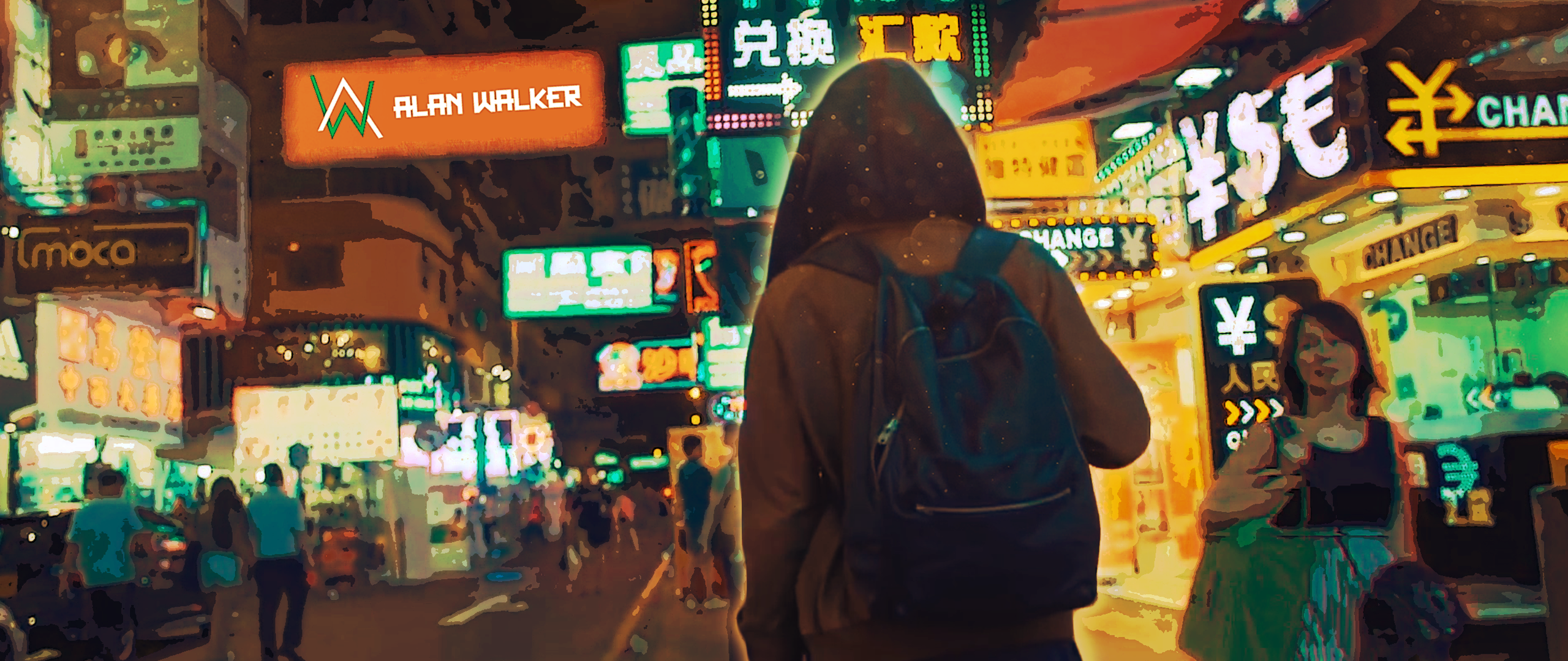 Alan Walker in a neon-lit city street at night HD Wallpaper