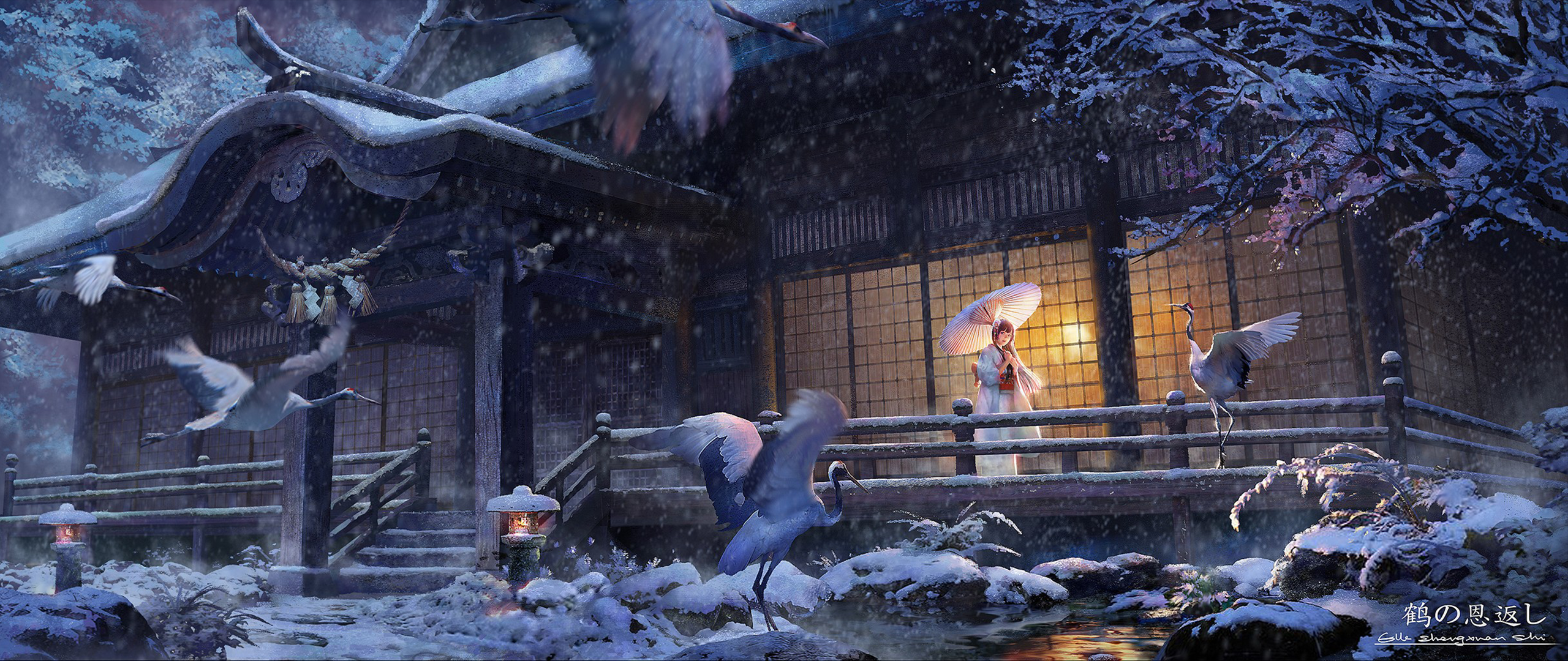 Anime girl with umbrella at snowy shrine with cranes HD Wallpaper