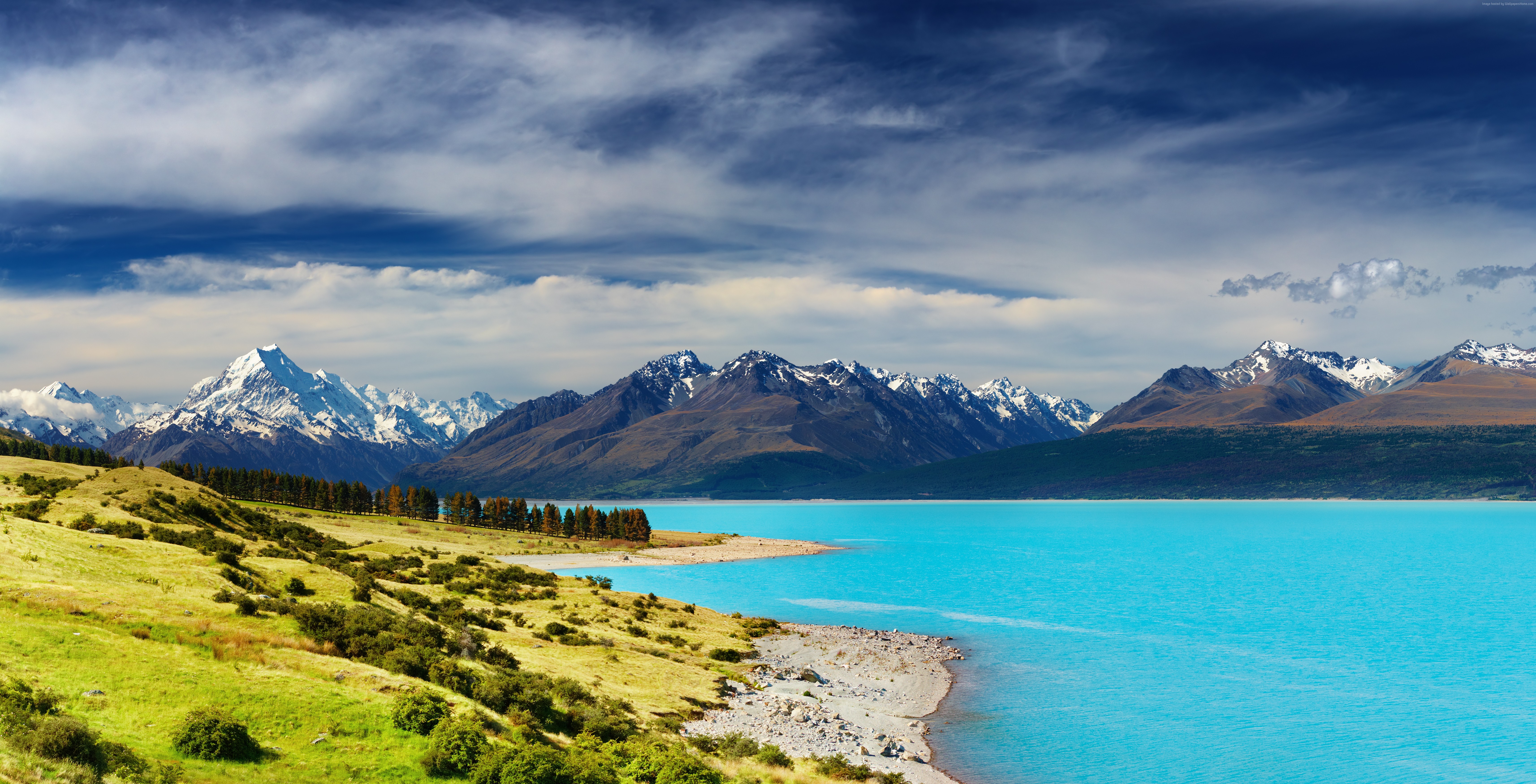 Turquoise lake and snow-capped mountains in New Zealand HD Wallpaper