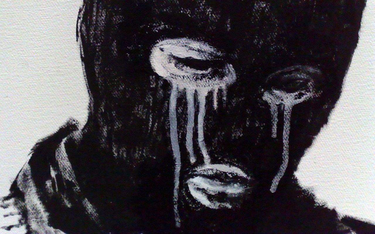 Painting of a person wearing a black balaclava with white tears HD Wallpaper
