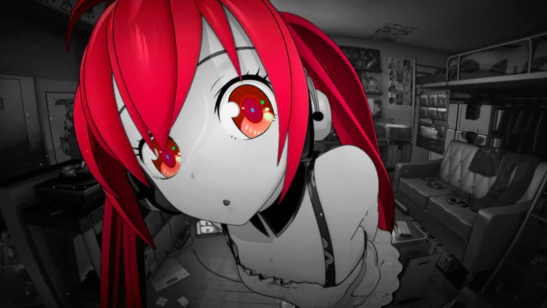 Anime girl with red hair and headphones in a room HD Wallpaper